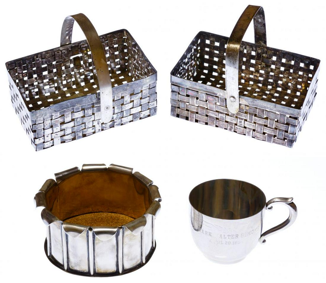Sterling Silver Basket and Wine Coaster Assortment: Sterling Silver Basket and Wine Coaster Assortment Including two woven baskets and a wine coaster having a curled edge; together with a Webster baby cup; all marked '925' or 'sterling' Condition: Very