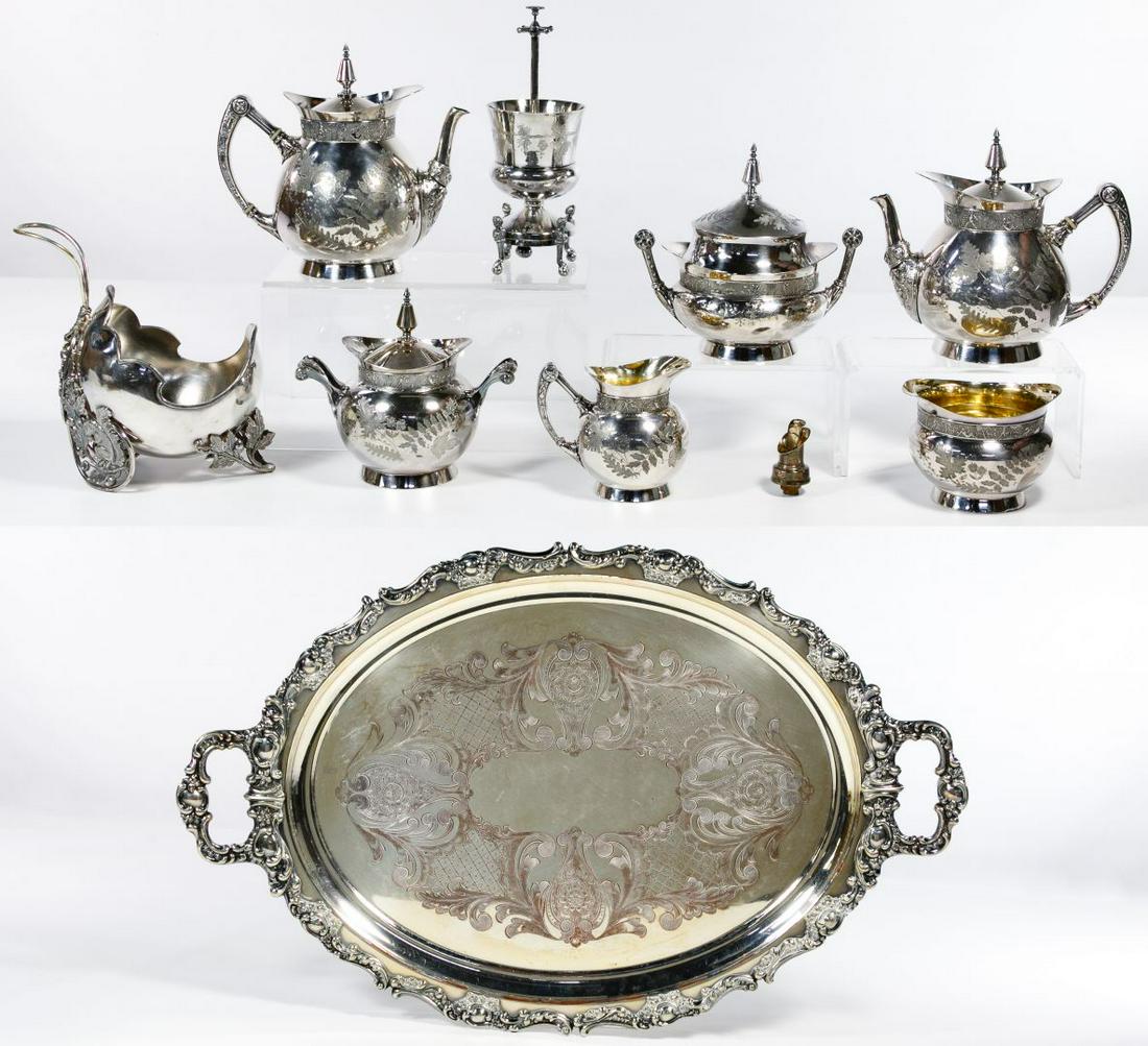 Rogers Smith and Company Silverplate Tea Service: Rogers Smith and Company Silverplate Tea Service Assortment Ten items including pattern #1902 teapot, hot water pot, lidded sugar bowl, creamer, waste bowl and lidded serving bowl all marked on unders