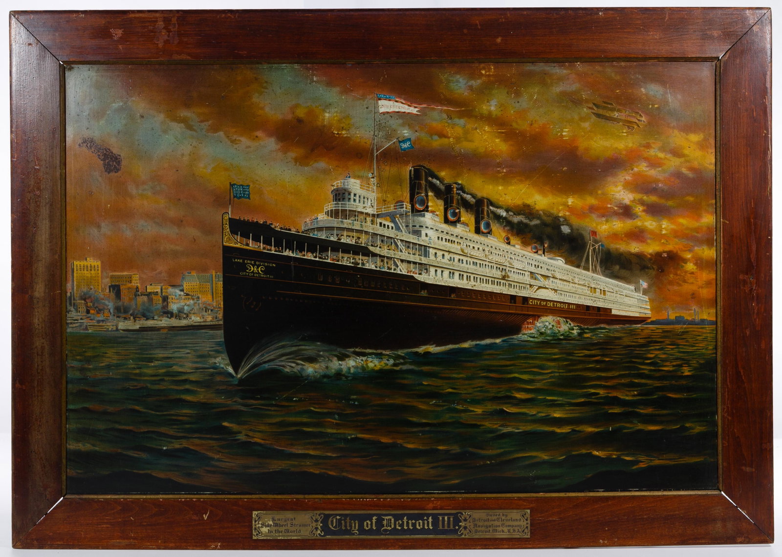 Unknown Artist (American, 20th Century) 'City of: Unknown Artist (American, 20th Century) 'City of Detroit III' Lithograph on Tin Undated, unsigned, advertisement for the largest side wheel steamer in the world owned by the Detroit and Cleveland Navi