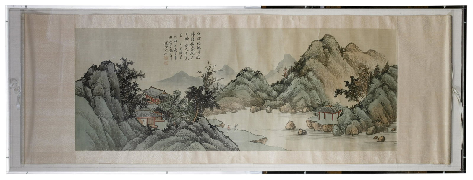 Asian Framed Scroll: Asian Framed Scroll Ink on paper mounted on silk, depicting two fisherman on a lake shore in the mountains, acrylic shadow box frame Condition: Good, some creasing, darkening on the edges, fading; not
