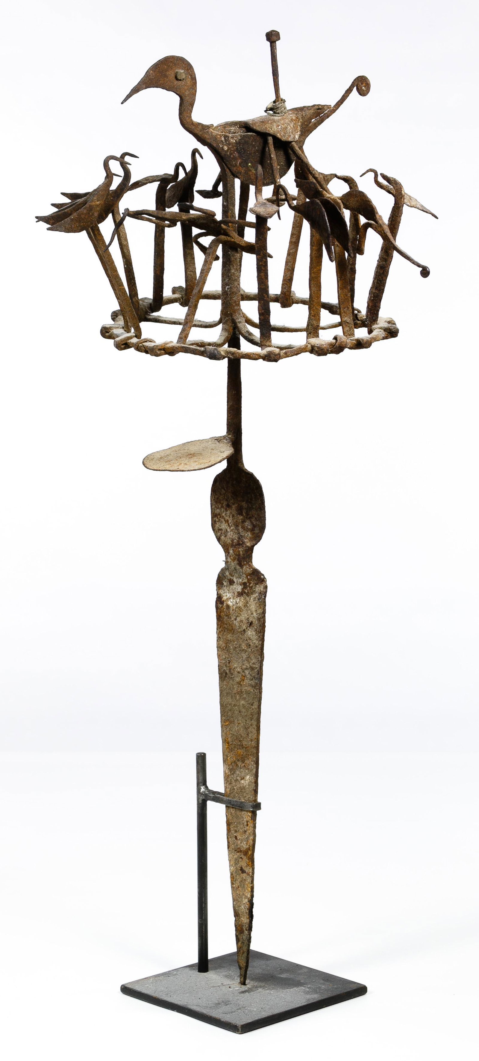 African Nigerian Yoruba Herbalist Metal Staff: African Nigerian Yoruba Herbalist Metal Staff with Stand Depicting fowl encircling a larger bird, including bill of sale Condition: Good, weathered surface overall consistent with age and normal use, 