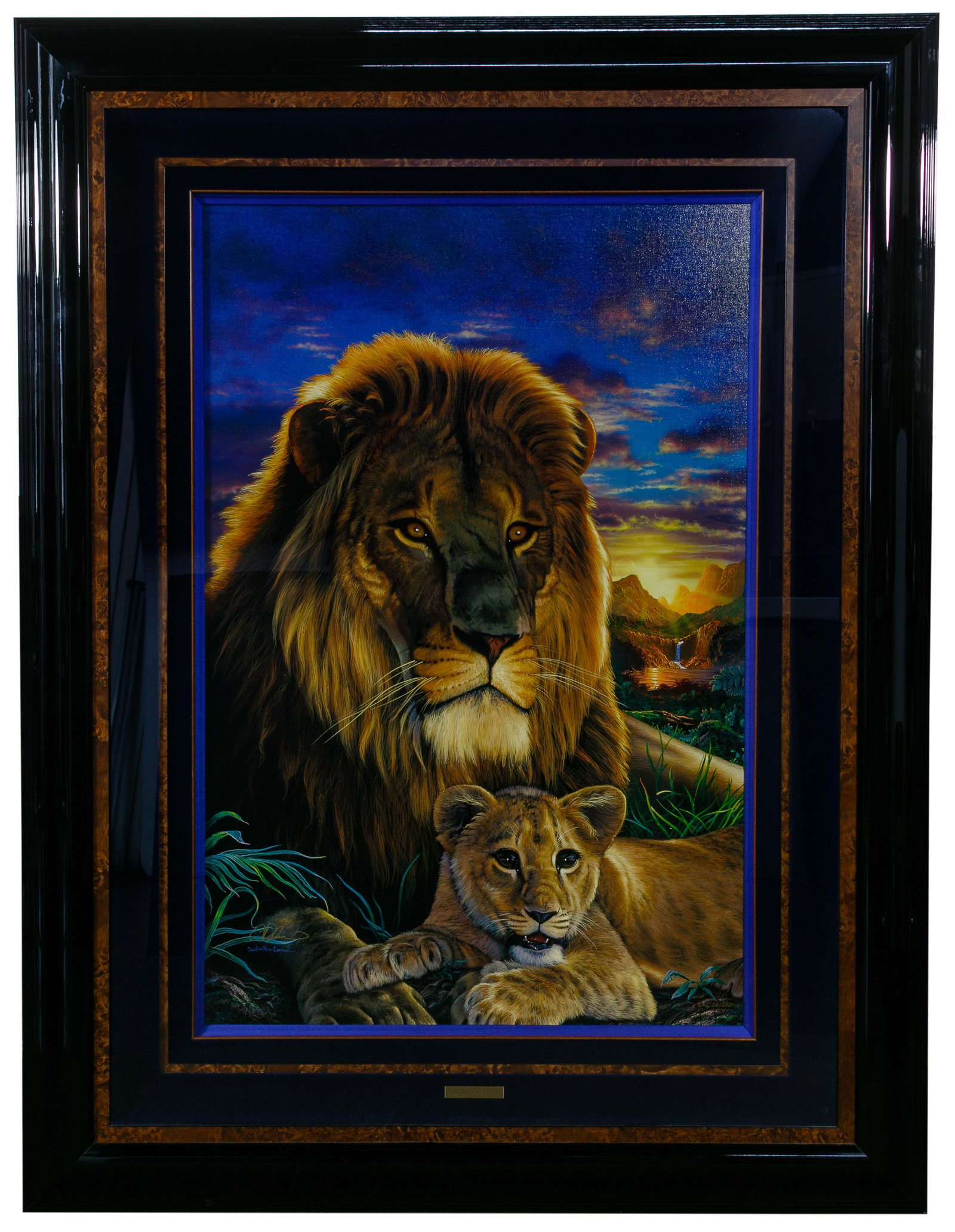 Christian Riese Lassen (American, b.1956) 'Heritage': Christian Riese Lassen (American, b.1956) 'Heritage' Gliclee on Canvas 2001, signed lower right, #28/250, a portrait of a lion and cub, black lacquer shadow box frame, artist name plate Condition: Ver