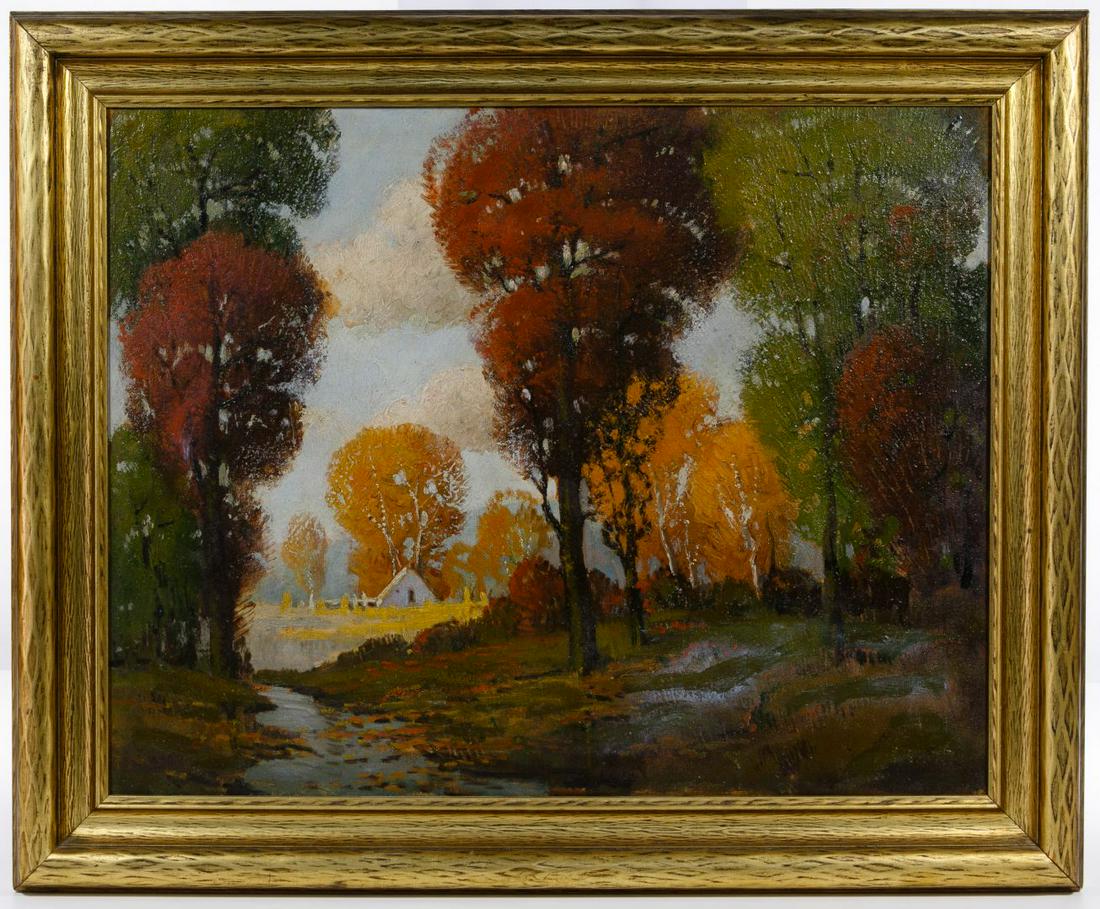 Ernest Fredricks (American, 1877-1959) Oil on Canvas: Ernest Fredricks (American, 1877-1959) Oil on Canvas Undated, signed lower right, depicting a fall landscape, gold frame Condition: Good, light wear; light dirt accumulation; craquelure overall; not e