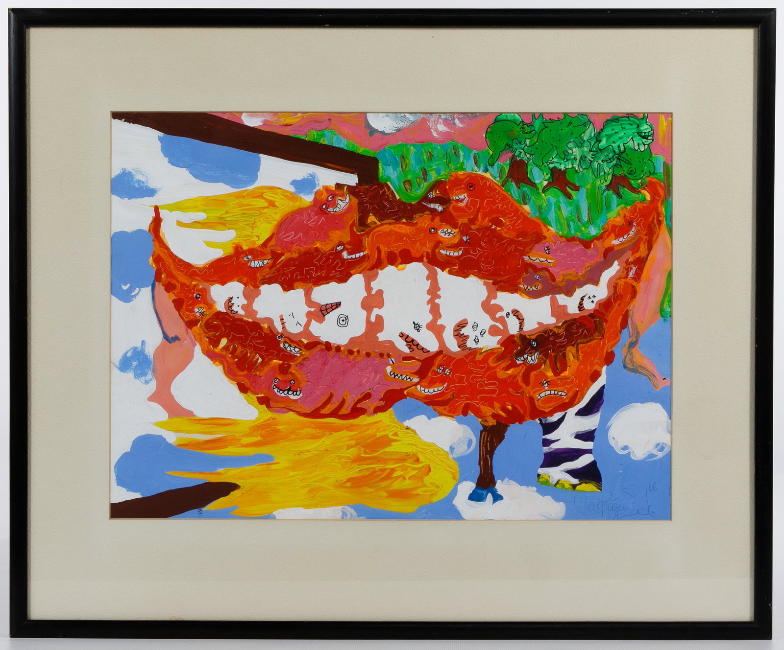 Maija Peeples (Latvian, b.1942) Tempera on Paper: Maija Peeples (Latvian, b.1942) Tempera on Paper Undated, signed lower right, abstract depiction of smiling creatures within sky and landscape, having a black wood frame; gallery card attached to reve