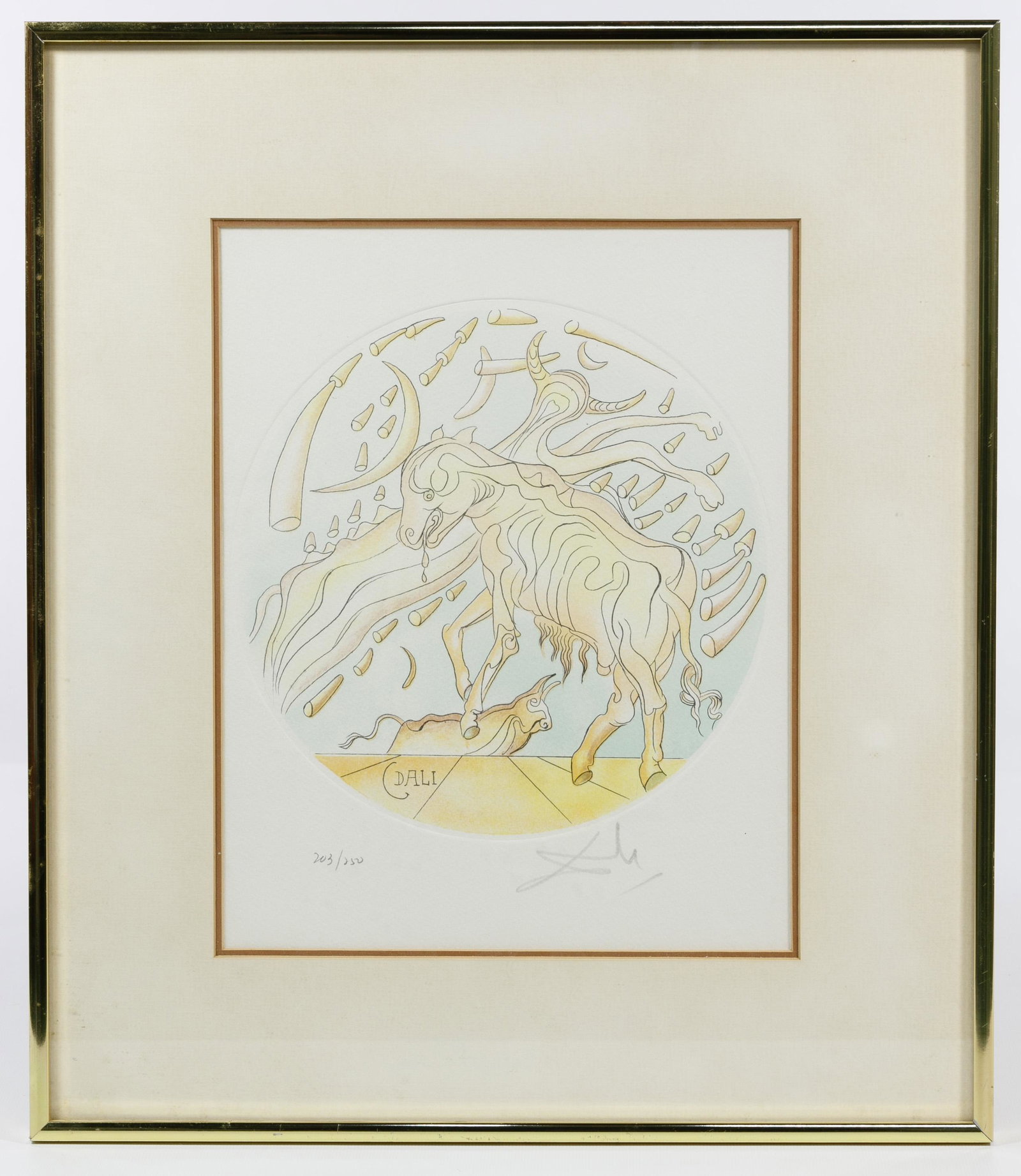Salvador Dali (Spanish, 1904-1989): Salvador Dali (Spanish, 1904-1989) 'Zodiac Suite - Taurus' Lithograph Undated, printed signature lower left, pencil signed lower right, pencil #203/250 lower left; includes COA and receipt from O.J. A