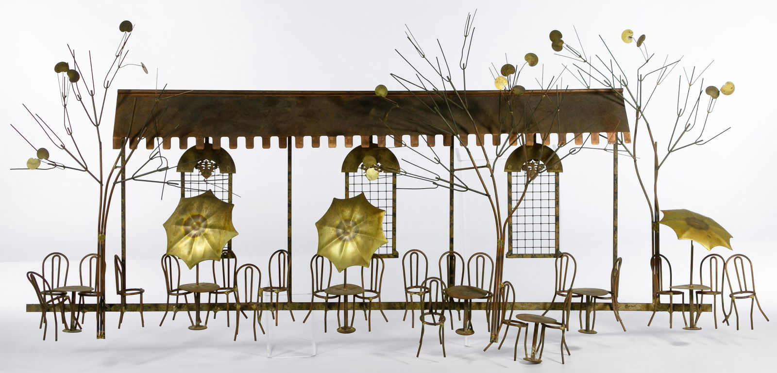 Curtis Jere (American, 1910-2008) Metal Wall Sculpture: Curtis Jere (American, 1910-2008) Metal Wall Sculpture Mid-20th century, signed lower right, mixed copper and brass wall sculpture depicting a 'French Bistro' Condition: Very Good, some bending noted;