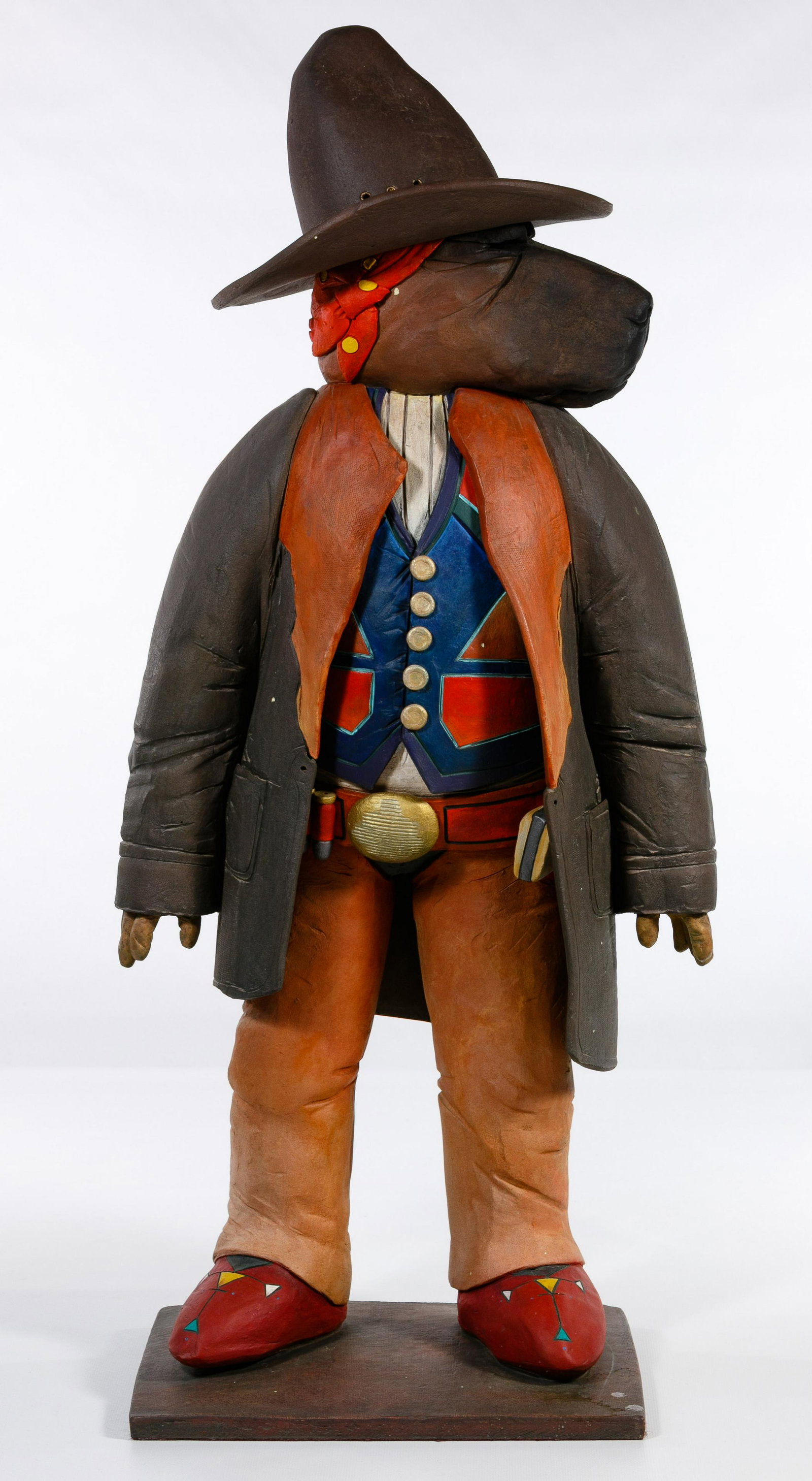 Robert Brubaker (American, b.1952) Painted Sculpture: Robert Brubaker (American, b.1952) Painted Sculpture c.1980, signed on foot, ceramic, representing a dog in Old West garb Condition: Very Good, overall light wear consistent with age and normal use, m