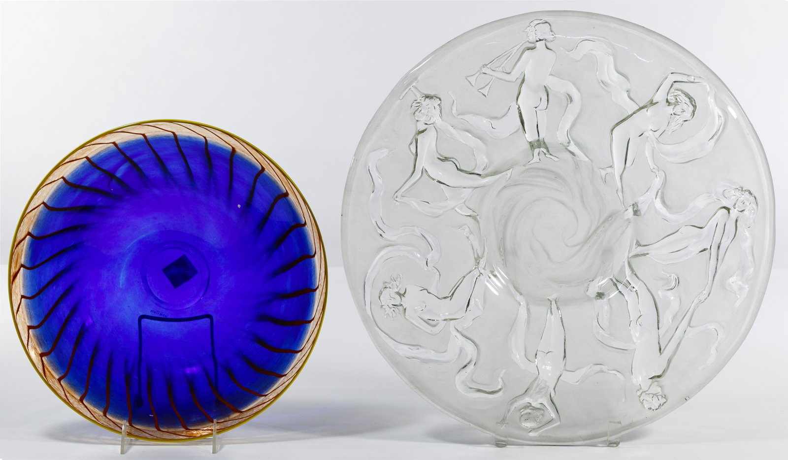 Kjell Engman for Kosta Boda Art Glass bowl: Kjell Engman for Kosta Boda Art Glass bowl Cobalt blue, yellow and orange flat bowl labeled Kosta Boda and artist signed 'K Engman' on underside; together with a clear / frosted glass flat bowl having