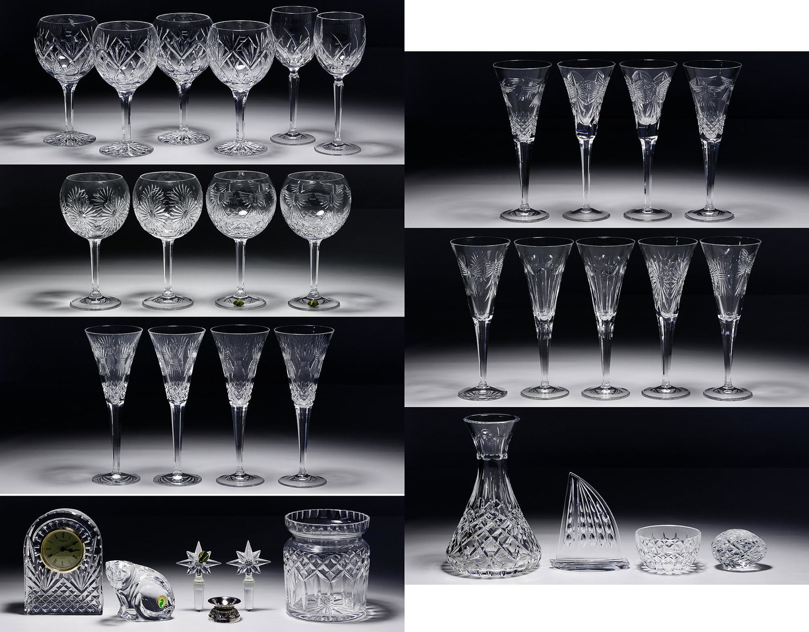 Waterford Crystal Assortment: Waterford Crystal Assortment Thirty-two pieces including 'Lismore' biscuit barrel, small bowl, clock, decanter and four wine goblets; thirteen 'Millennium' champagne flutes and four wine goblets; two 