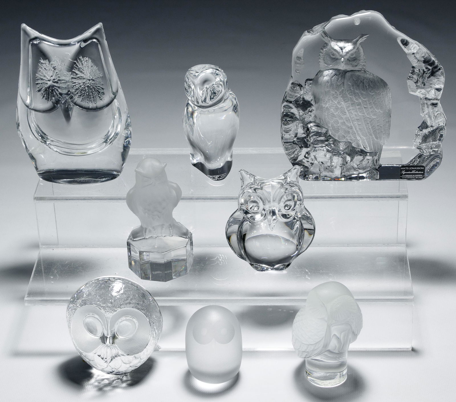 Crystal Owl Assortment: Crystal Owl Assortment Eight items including crystal designers Lalique, Daum, Baccarat, Goebel, Hadeland and Mats Jonasson; all signed Condition: Very Good, no damage noted; no chips or cracks noted H