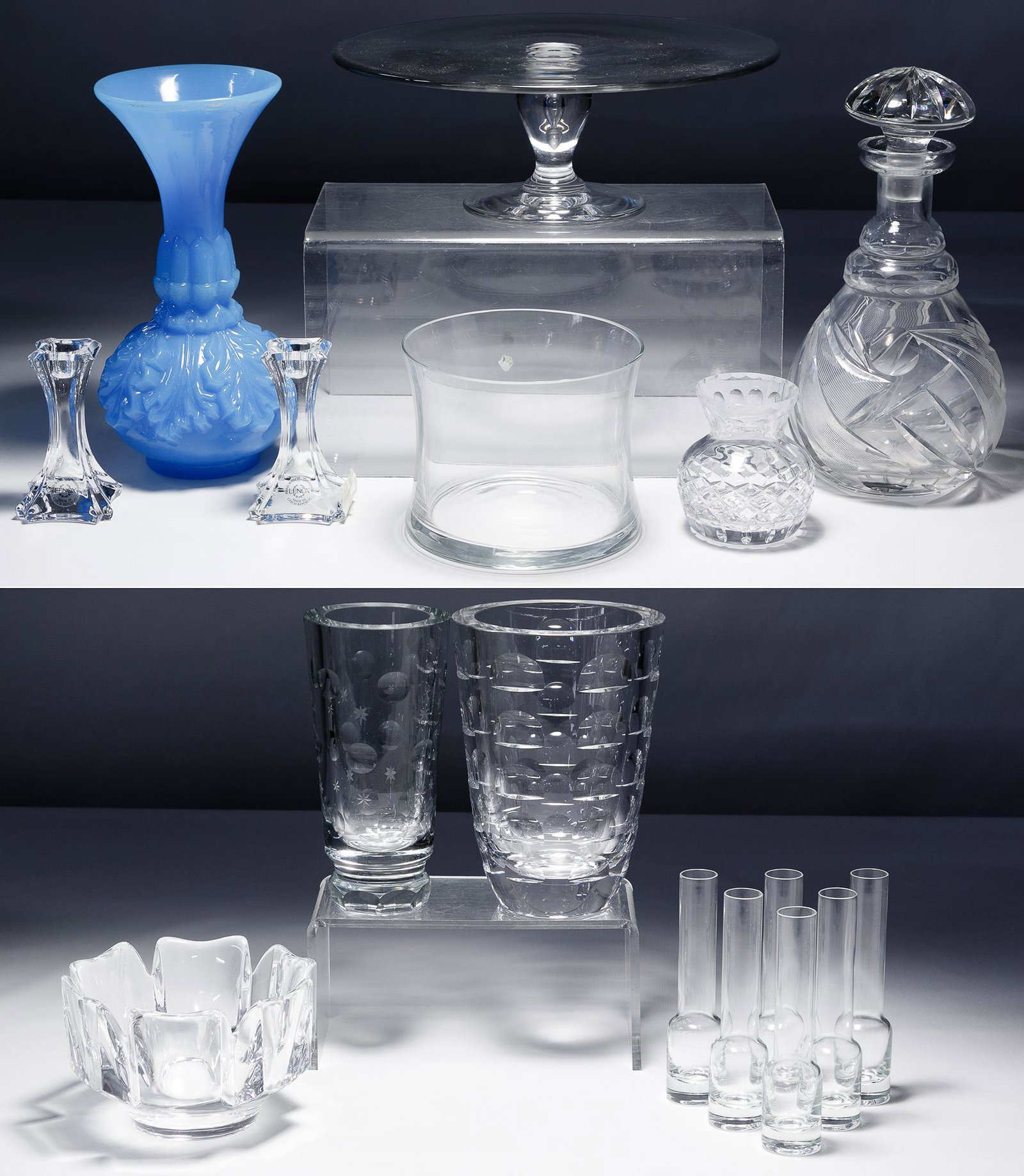 Crystal and Art Glass Assortment: Crystal and Art Glass Assortment Sixteen items including (2) vases marked 'Orrefors', a bowl marked 'Orrefors', a small vase marked 'Cartier', a cake dish marked 'Val St. Lambert', a pair of candle ho