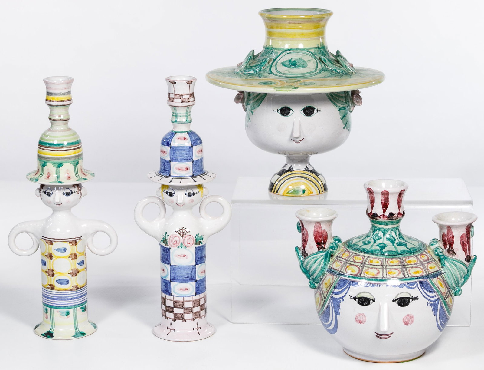 Bjorn Wiinblad for Danmark Pottery Assortment: Bjorn Wiinblad for Danmark Pottery Assortment Four items including three candle holders and a footed bowl with lid; most having faces; marked on the undersides Condition: Very Good to Good, no chips o