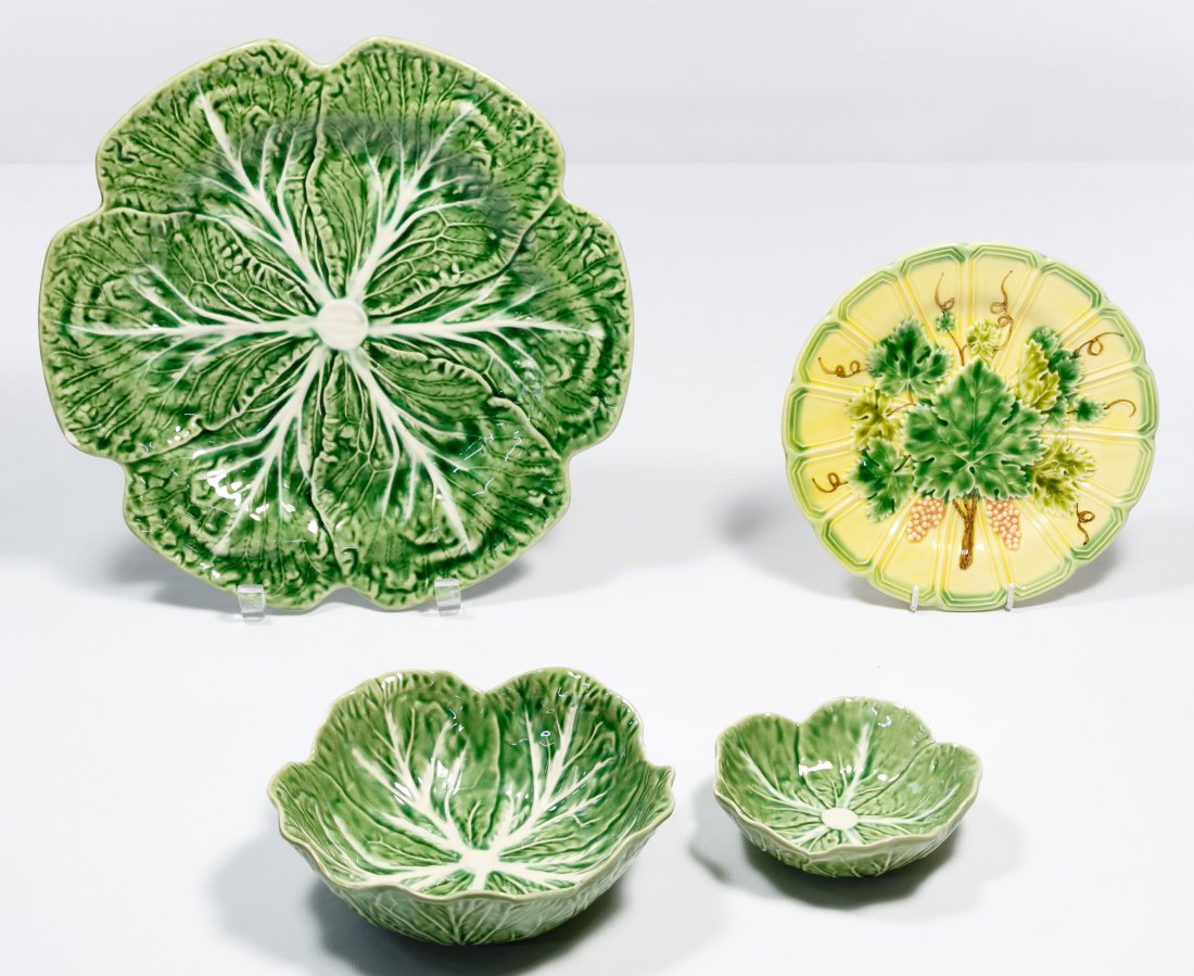Bordallo Pinheiro Portugal Cabbage Pottery Dishes: Bordallo Pinheiro Portugal Cabbage Pottery Dishes Forty five pieces, including (2) large serving bowls (11 x 5 inches), large oval platter (17 x 12.5 inches), (6) soup bowls (7 x 3 inches), (7) berry 