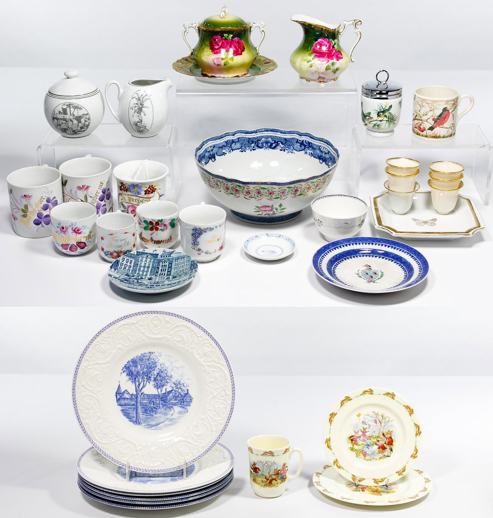 China Tableware Assortment: China Tableware Assortment Thirty-two items having floral, animal and landscape motifs including two cream and sugar sets marked 'Germany' and 'Mariage Freres', a serving bowl, a 'Royal Worcester' lid
