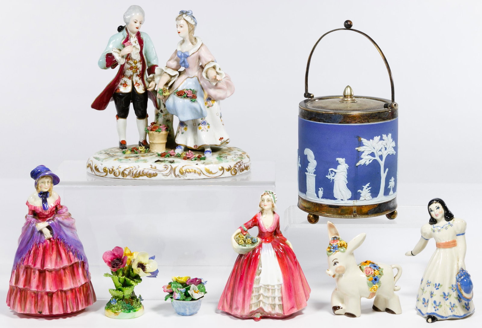 Porcelain, Pottery and Glass Assortment: Porcelain, Pottery and Glass Assortment Approximately one-hundred items including examples of Royal Doulton, Crown, Sheffield, Royal Stafford, figurines, dishes, tea service, cups, saucers, plates as 