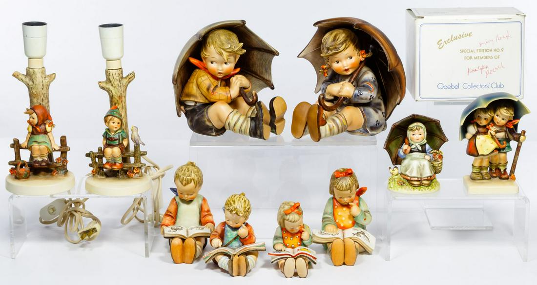 Hummell Figurine Assortment: Hummell Figurine Assortment Ten items including #408 'Smiling Through' having its original box, #152/A 'Umbrella Boy', #152/B 'Umbrella Girl', #14/A 'Book Worm Boy', #14/B 'Book Worm Girl', #8 'Book W