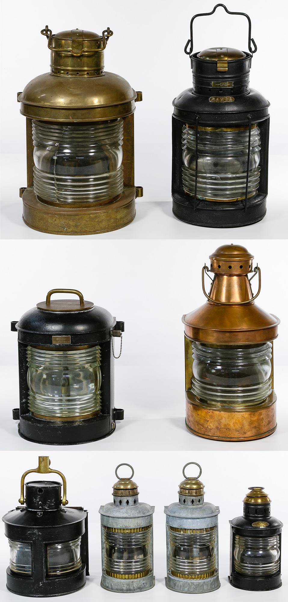 Nautical Lantern Assortment: Nautical Lantern Assortment Metal, brass and glass ship lanterns including makers Kilborn-Sauer, Geo Carpenter & Co, Range, Perkins Marine 'Perko' and Cushing Condition: Good to Fair, overall moderate