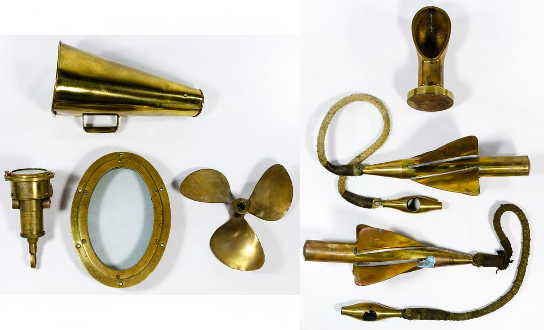 Nautical Maritime Brass Assortment: Nautical Maritime Brass Assortment Seven items including a propeller, bullhorn, porthole window, two T.W. Cherub spinners, Walkers patent cherub Mark III ship log and an air vent Condition: Very Good