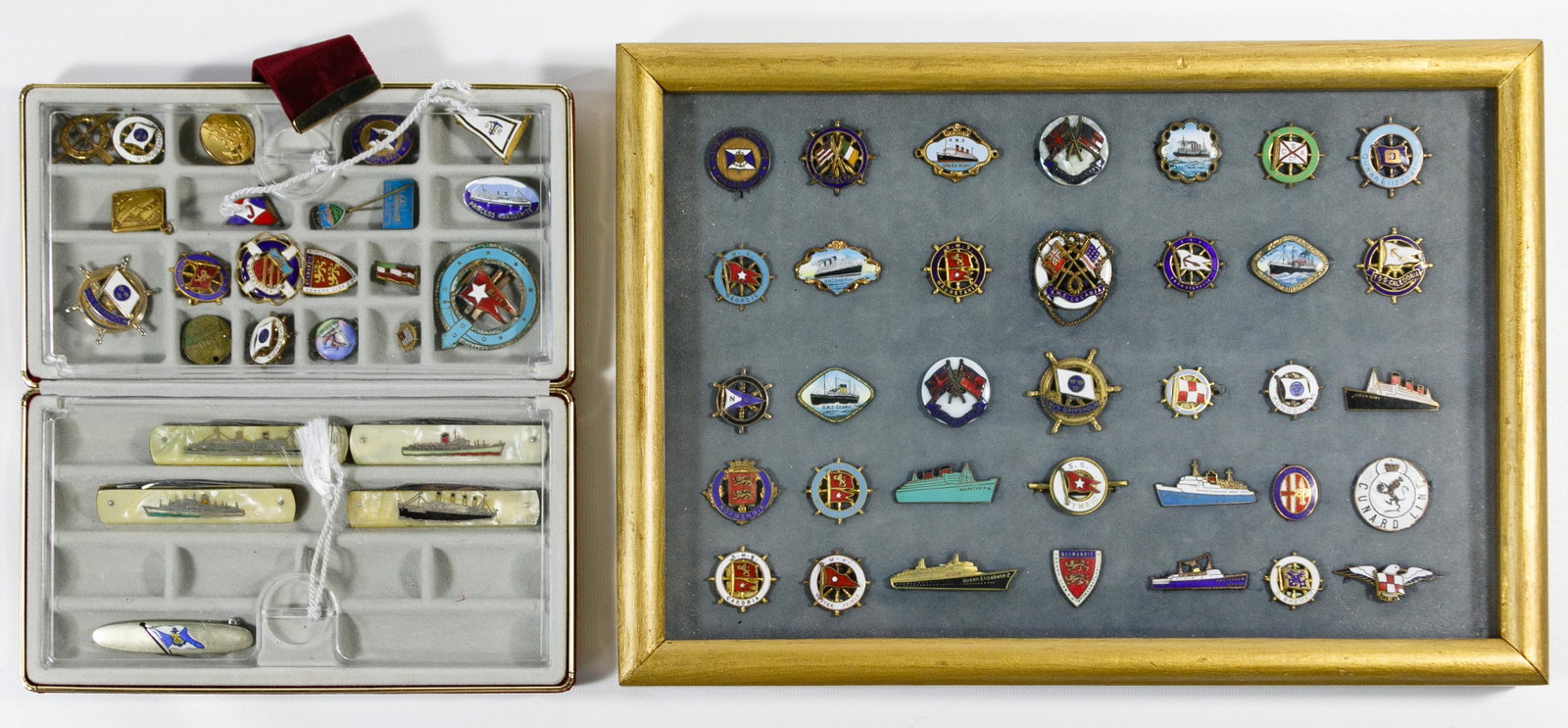 Nautical Pin and Pocket Knife Assortment: Nautical Pin and Pocket Knife Assortment Including fifty-five pins and five knives all having a nautical theme; the majority of the pins housed in a wood framed shadow box and the other items in a fol