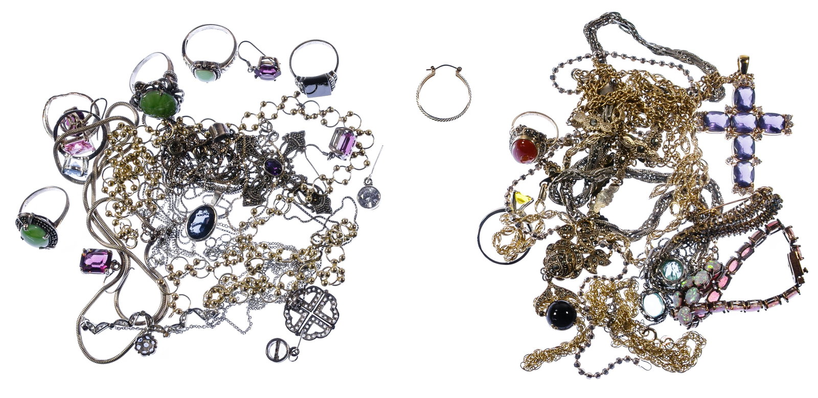 10k Gold, Sterling Silver and Costume Jewelry: 10k Gold, Sterling Silver and Costume Jewelry Including a single 10k gold pierced hoop earring, sterling silver including bracelets, necklaces, pendants, earrings and rings with most marked '925' or '