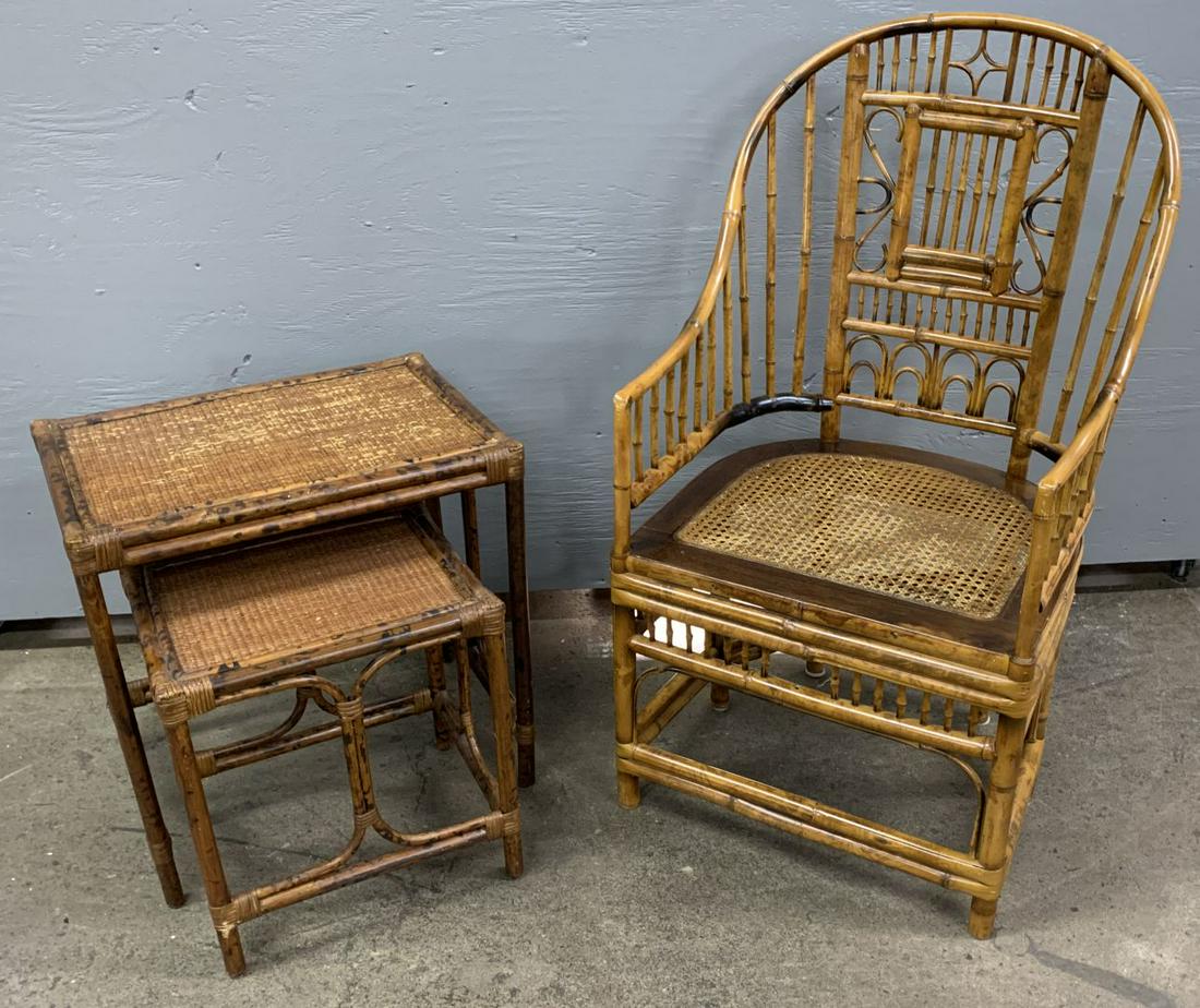 Bamboo Style Chair and Side Table Assortment: Bamboo Style Chair and Side Table Assortment Three items including an armchair having a caned seat and two nesting tables having caned tops Condition: Good, overall moderate wear consistent with age a