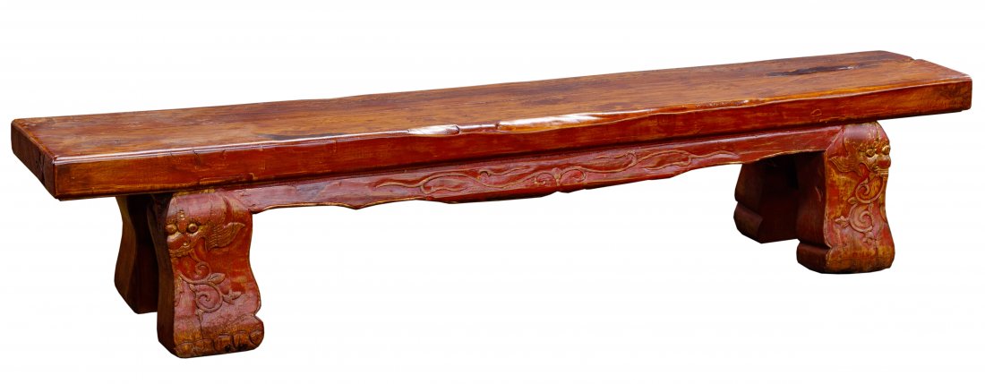 Asian Style Bench: Asian Style Bench Painted red and gold having carved legs Condition: Good, overall moderate wear, cracks in seat, paint faded and chipped Height: 17 inches, Length: 81 inches, Width: 16 inches Categor