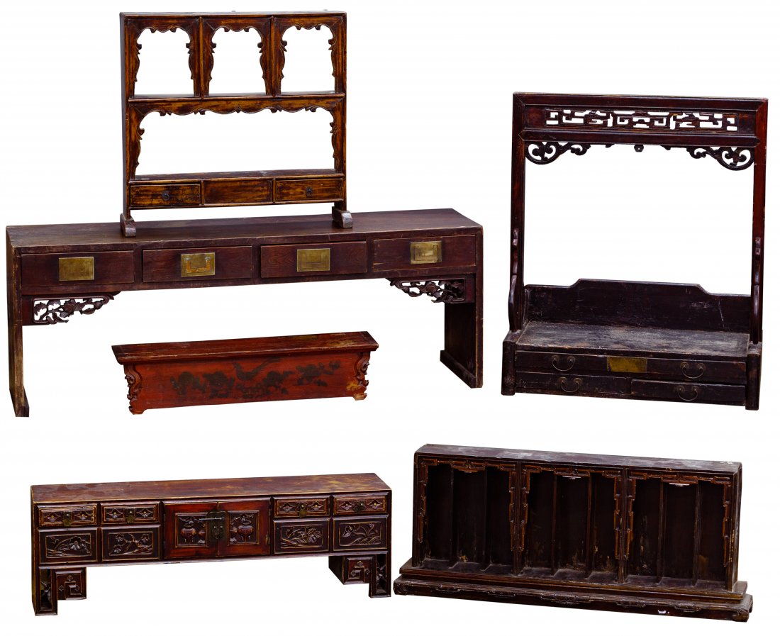 Asian Style Cabinet Toppers: Asian Style Cabinet Toppers Six wood cabinet toppers, all having metal hardware, including red painted wood having carved scroll sides, two side drawers and a botanical motif on the front; stained fin