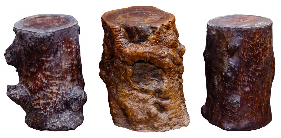 Asian Style Carved Burl Wood Stumps: Asian Style Carved Burl Wood Stumps Three garden stools made from stripped logs, two hollowed out Condition: Good, overall light wear consistent with age and normal use, cracks, chips, scratches Heigh