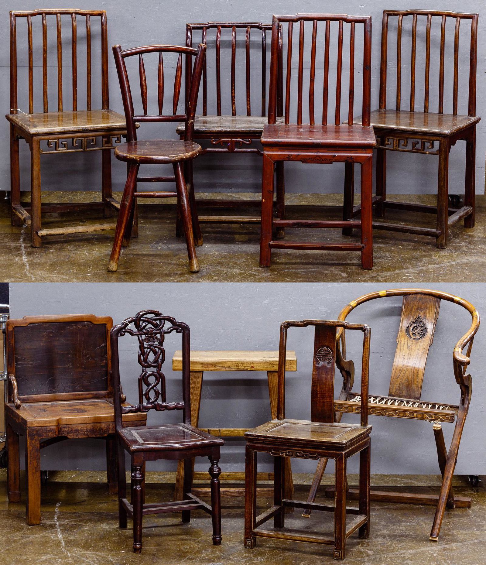 Asian Style Wood Chair Assortment: Asian Style Wood Chair Assortment Ten items including a folding, rope seat with brass inlay, two square back, saddle style stool, four spindle back square seats, spindle back round seat and square wit