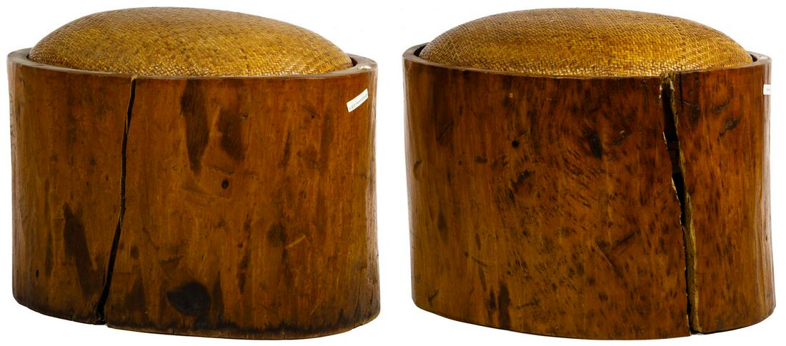 Asian Wood and Rattan Upholstered Stools: Asian Wood and Rattan Upholstered Stools Pair of natural wood stools having rattan seats Condition: Fair, overall light wear consistent with age and normal use; both stools having cracks the full leng
