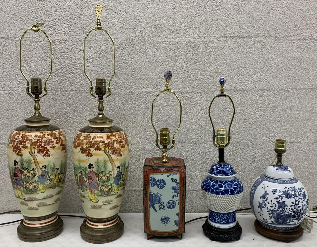 Asian Style Table Lamp Assortment: Asian Style Table Lamp Assortment Five lamps having various Asian designs including a pair having a scenic design and three in blue and white with one of those having red sides; four having harps and 