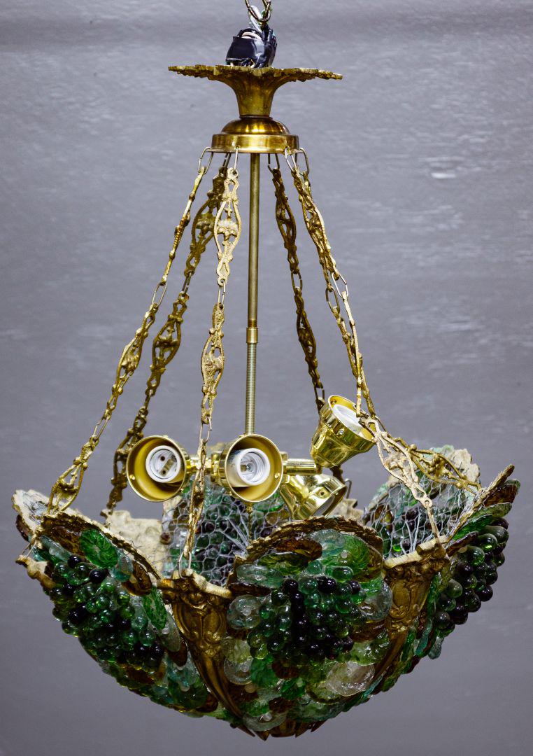 Murano Glass Chandelier: Murano Glass Chandelier Having a bronze frame, multicolored blown glass floral and grape clusters and a five-bulb light assembly Condition: Very Good, overall light wear consistent with age and normal