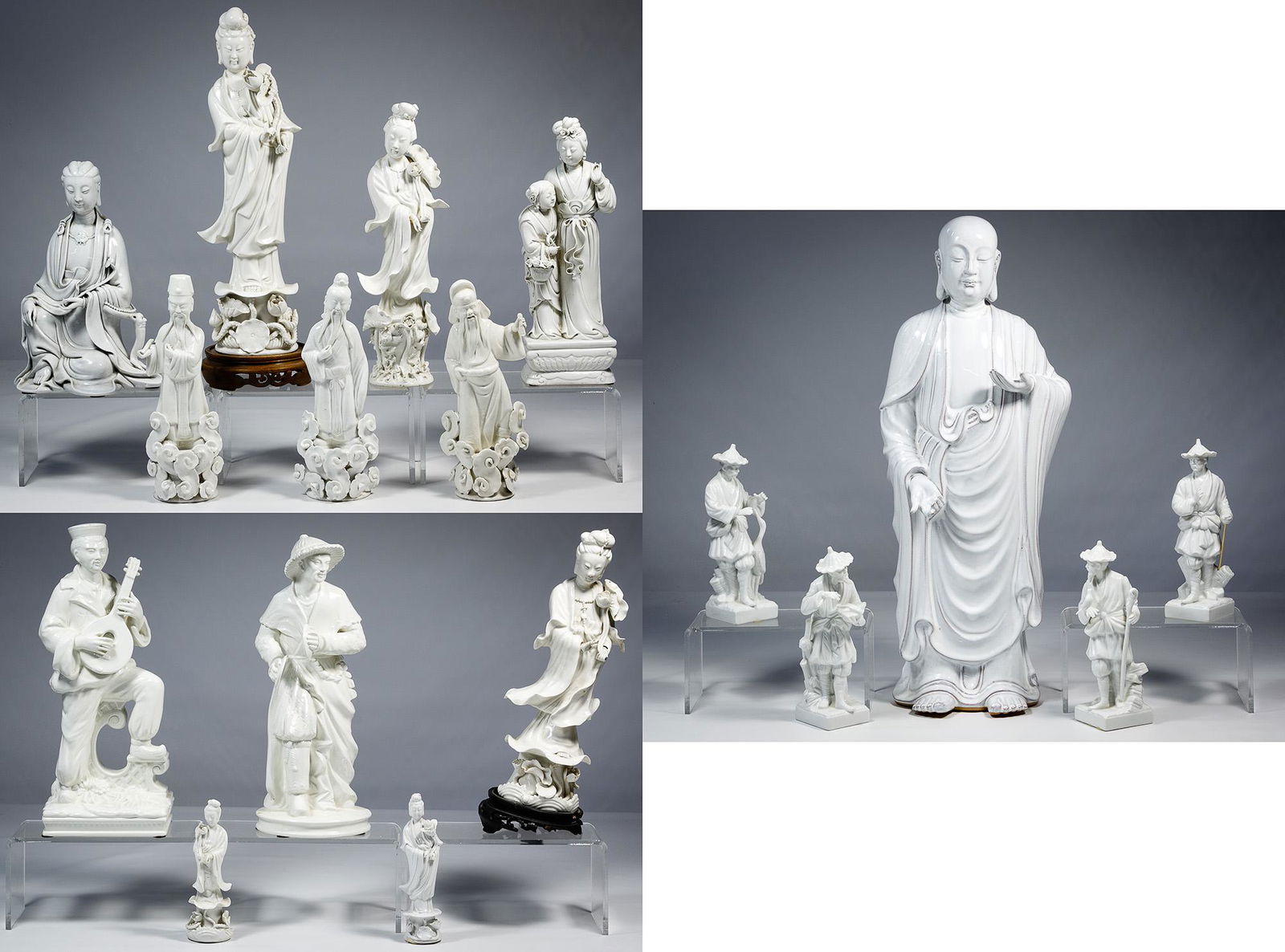 Asian Style Blanc de Chine Figurine Assortment: Asian Style Blanc de Chine Figurine Assortment Seventeen items including four depicting a Chinese male wearing a conical hat in a different standing pose, marked on the underside 'Fitz and Floyd MCMLX