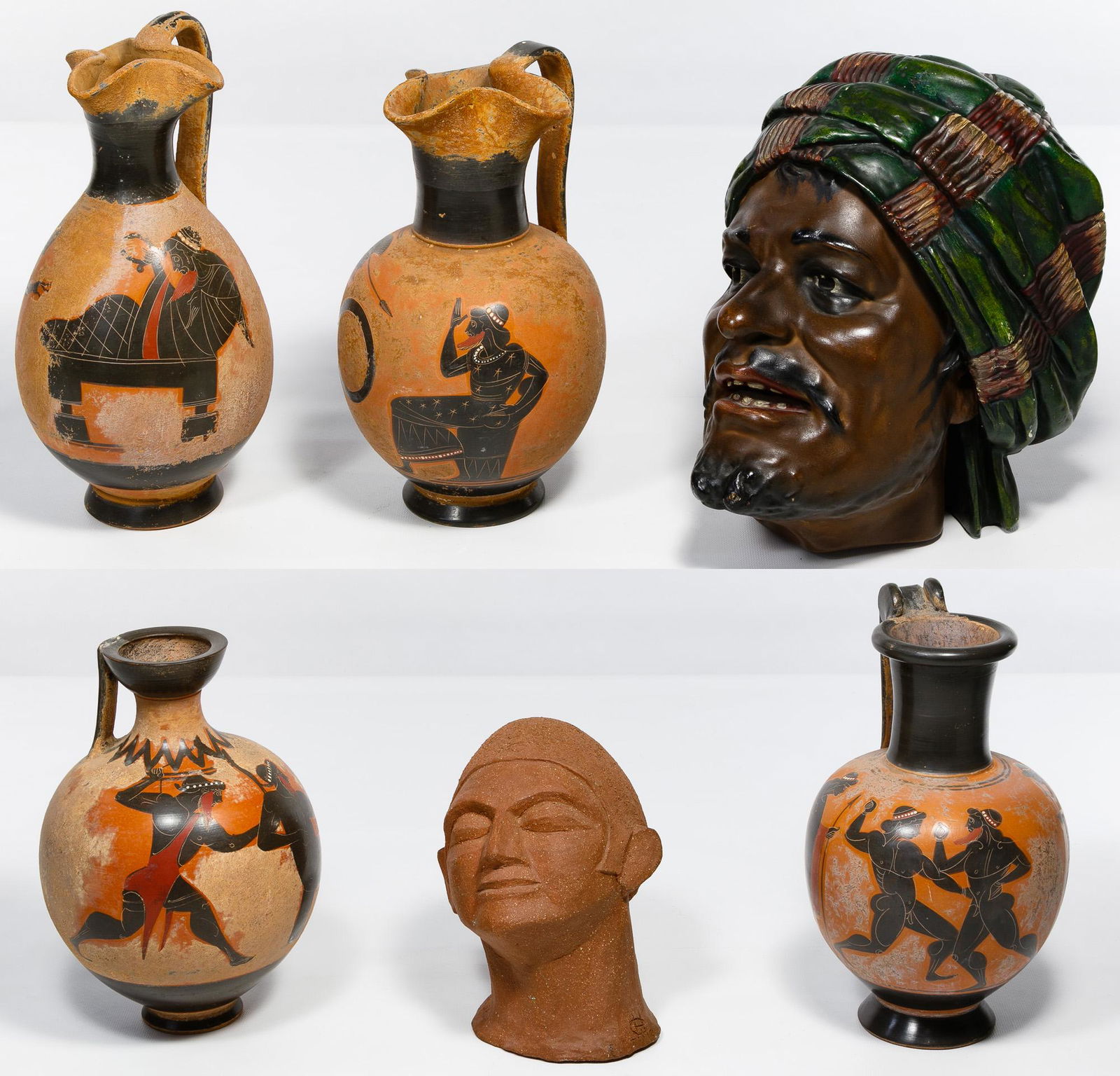 Redware Pottery Head and Pitcher Assortment: Redware Pottery Head and Pitcher Assortment Six items including a mid-century chalk-ware Arabian wall bust having a turban, stamped 'B' (possibly Bossons) on the underside, four painted pottery jugs i