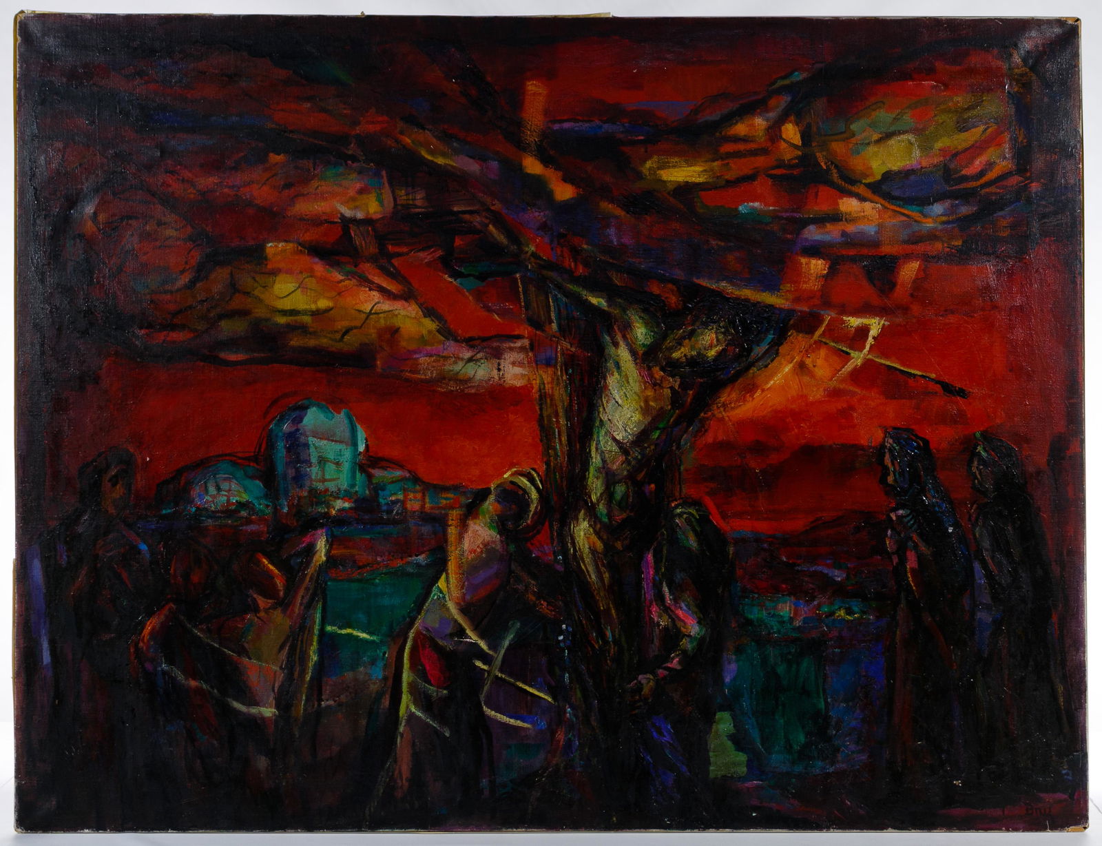 Edith Bry (American, 1898-1992) 'Requiem' Oil on Canvas: Edith Bry (American, 1898-1992) 'Requiem' Oil on Canvas Undated, signed lower right, artist information en verso, depicting Jesus on the cross Condition: Good, areas of paint loss throughout; sections