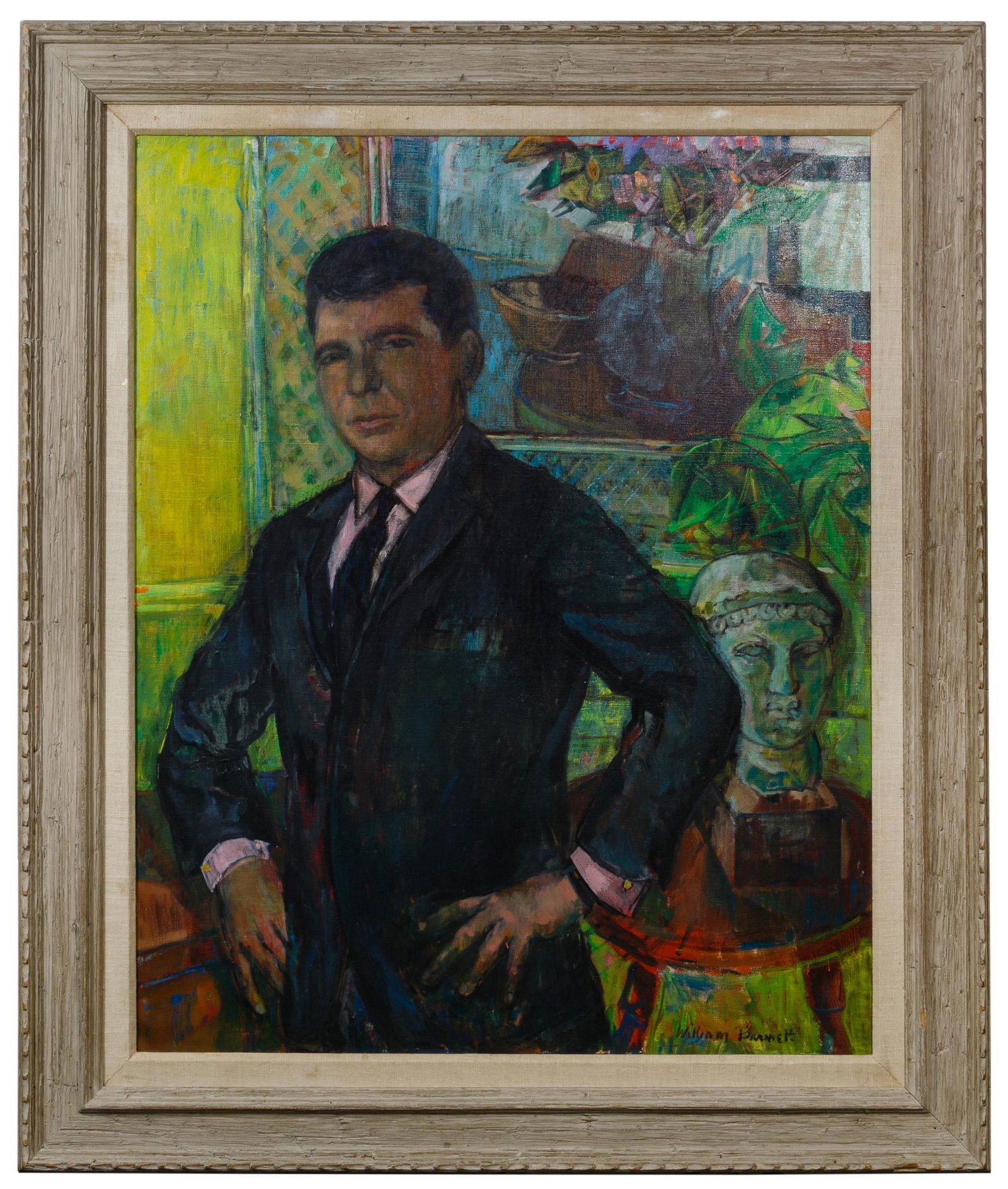 William Barnett (American, 1918-2012) Oil on Canvas: William Barnett (American, 1918-2012) Oil on Canvas 1965, signed lower right, inscription on back, portrait of a man in a suit Condition: Very Good, no damage to painting noted; light dirt accumulatio