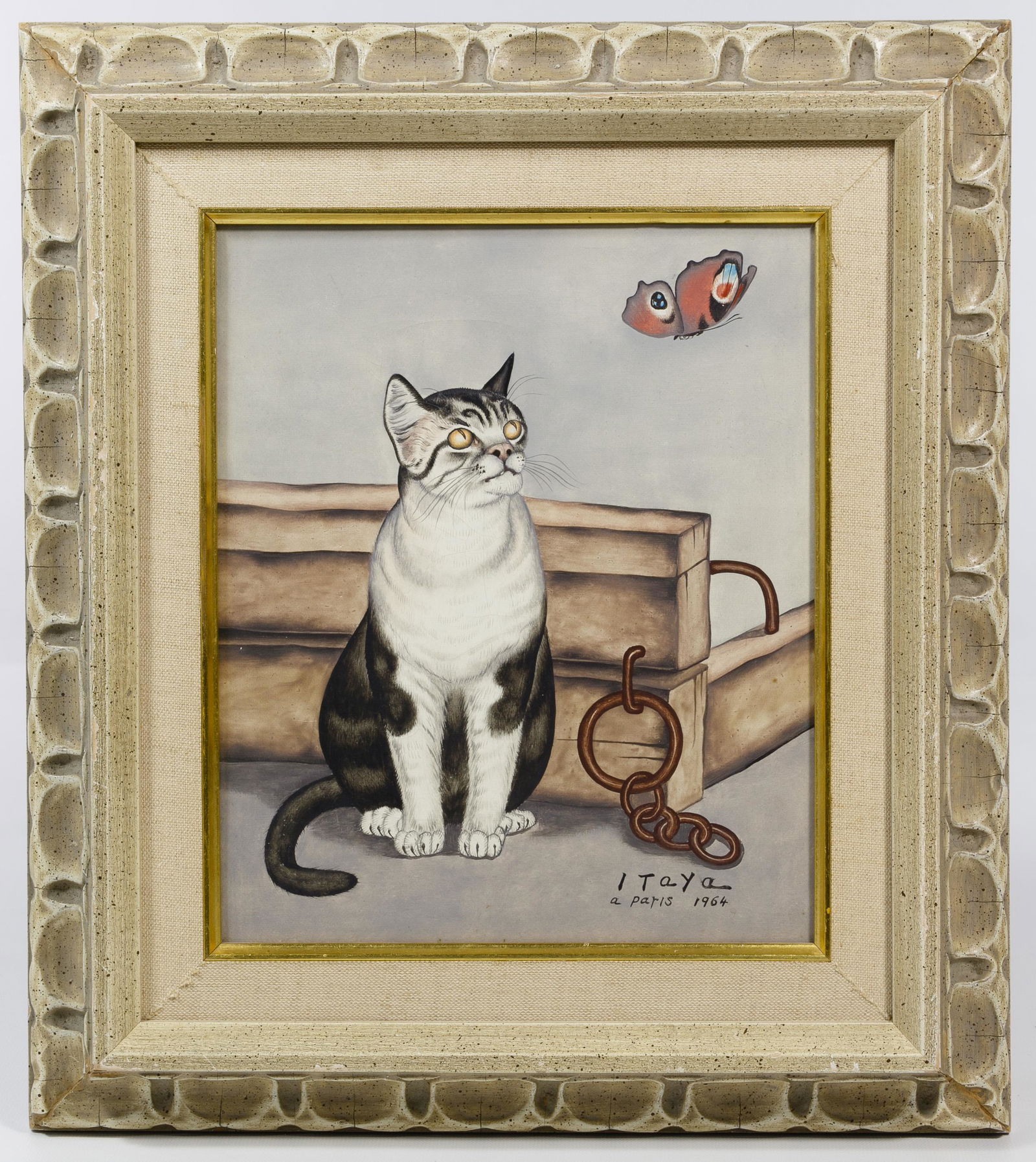 Foussa Itaya (Japanese / French, b.1919) Oil on Canvas: Foussa Itaya (Japanese / French, b.1919) Oil on Canvas 1964, signed lower right, depicting a cat looking up at a flying butterfly Condition: Very Good, light crazing; minor stains along the edges; lig
