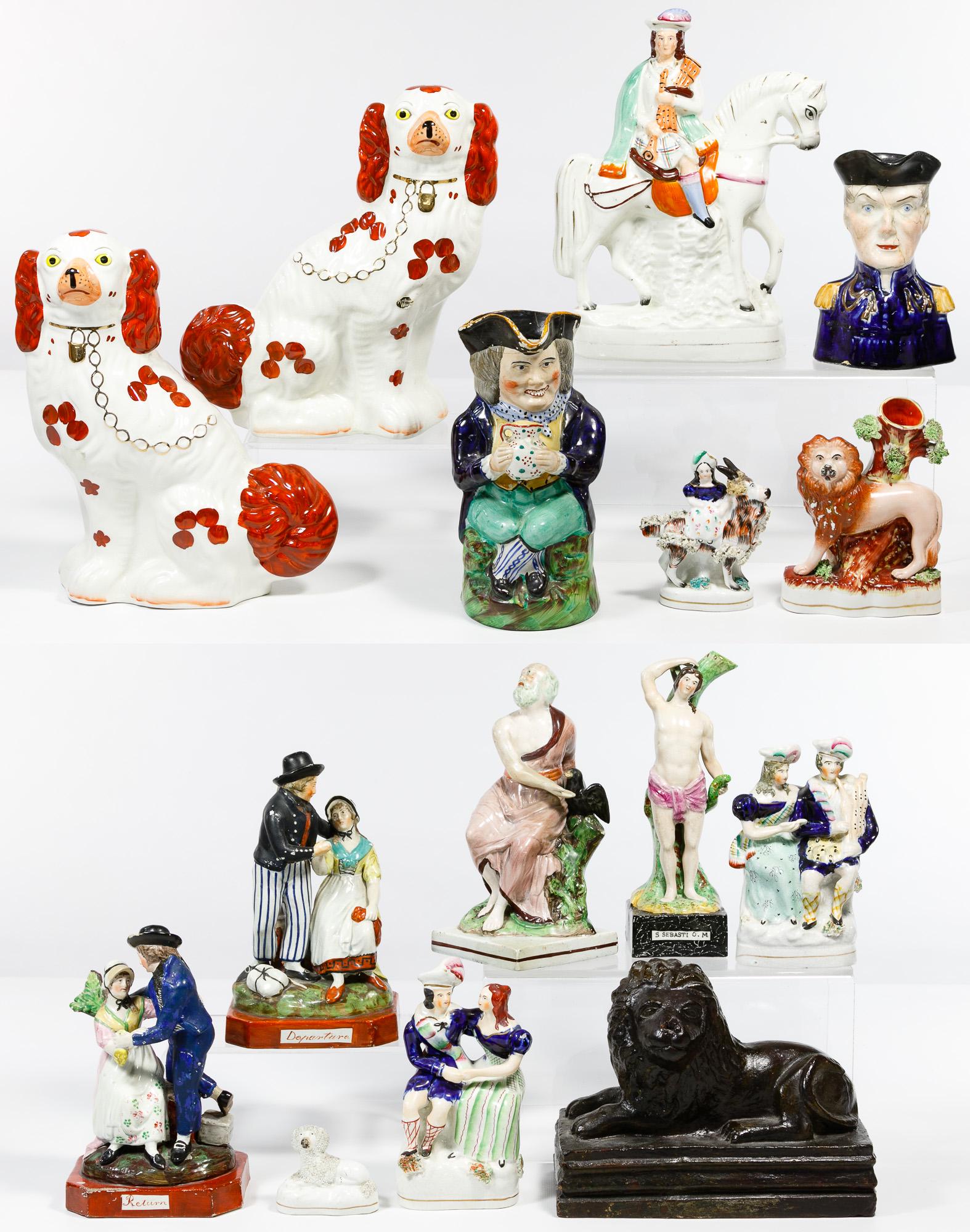 English Pottery and Porcelain Assortment: English Pottery and Porcelain Assortment Sixteen items including several Staffordshire, an 1851 Sampson and Smith Longton pitcher and redware lion Condition: Very Good to Fair, both Toby mugs repaired