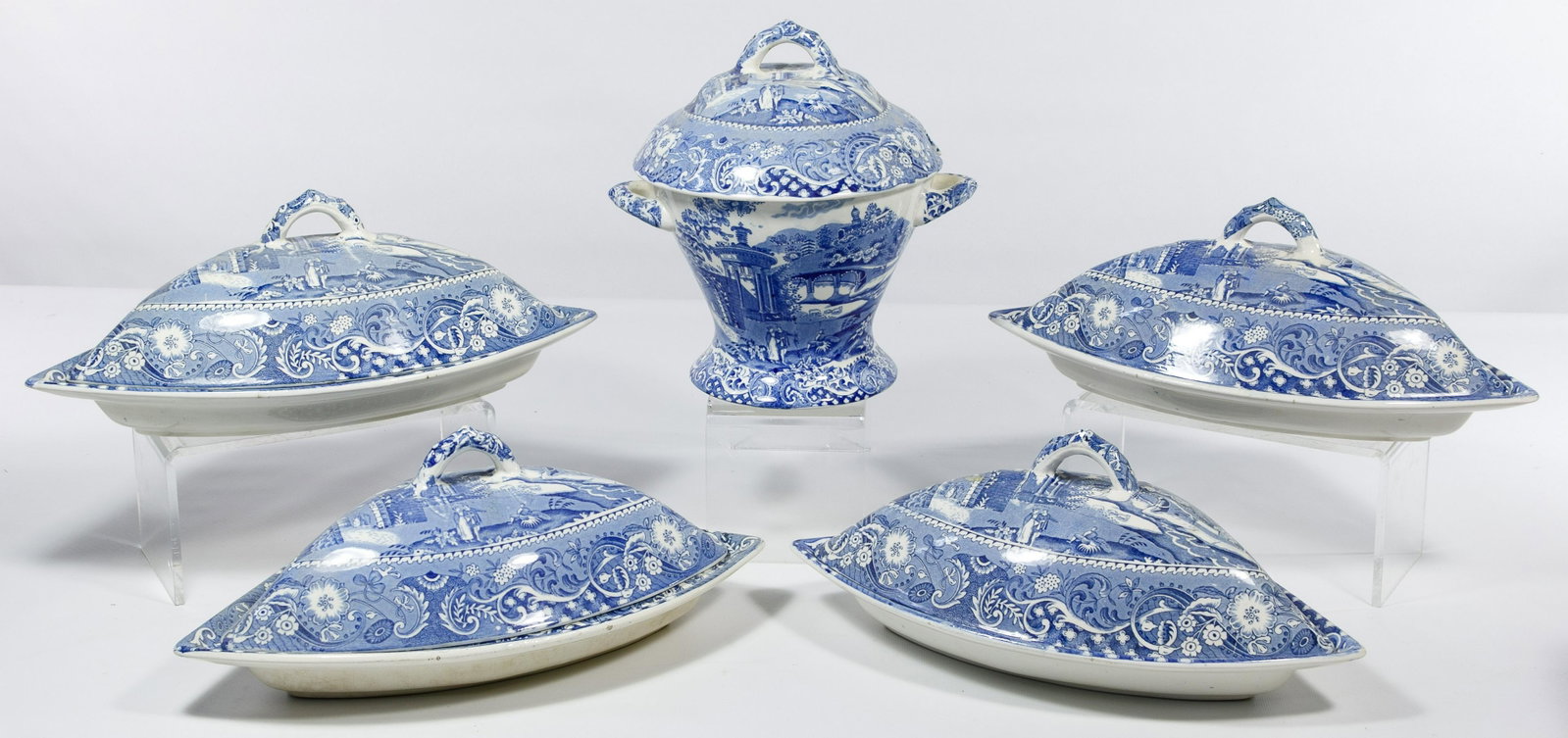 W.R. Midwinter: W.R. Midwinter 'Landscape' Pottery Serving Dishes Transfer decorated blue on white Staffordshire covered serving dishes including a tureen and a set of four quarter-rounds Condition: Good, no chips or