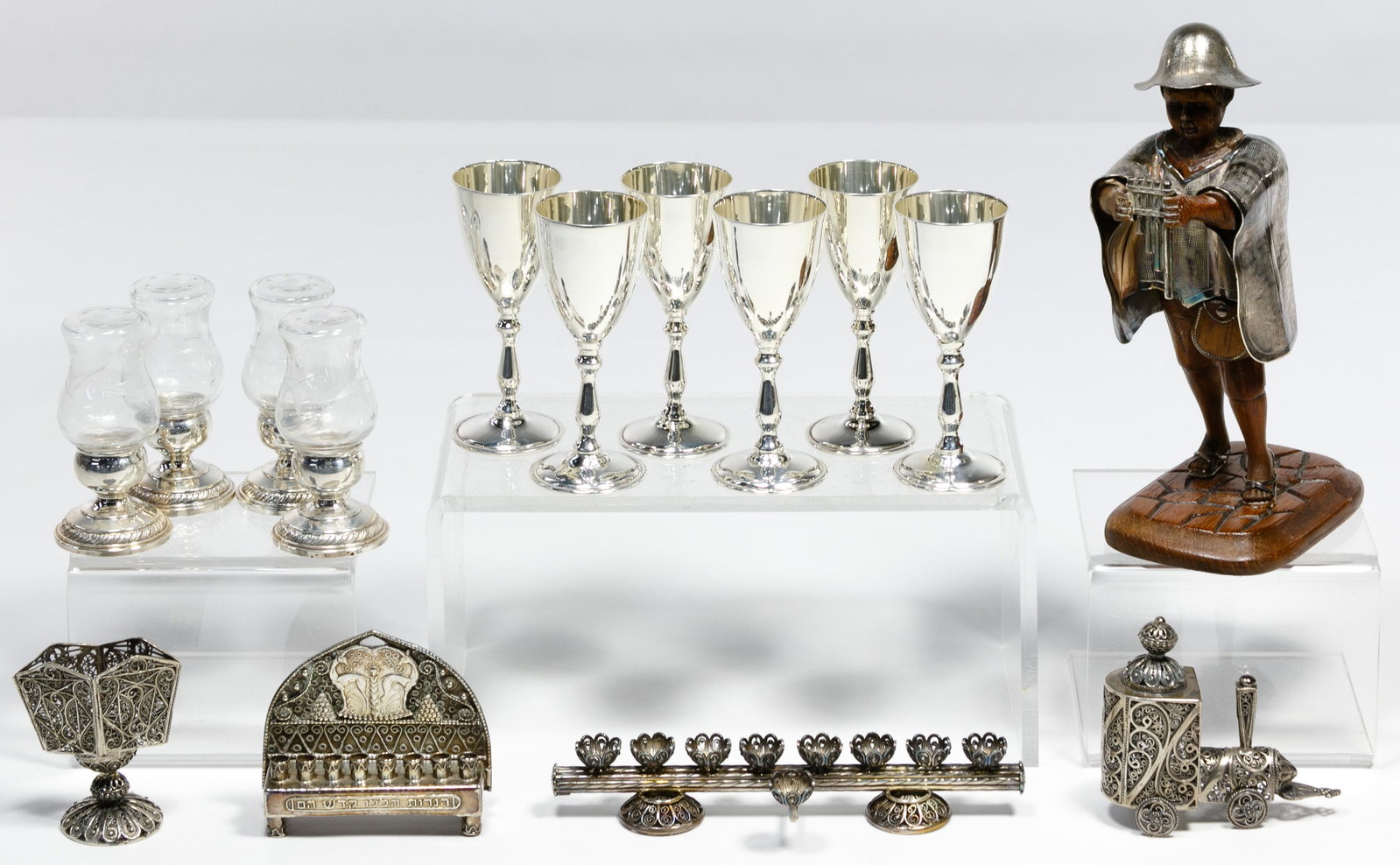 Sterling Silver Assortment: Sterling Silver Assortment Fifteen items including a set of six cordials marked 'Mexico Sterling 925'; two miniature filigreed menorahs marked 'Made in Israel 925'; filigree train marked '925'; filigr