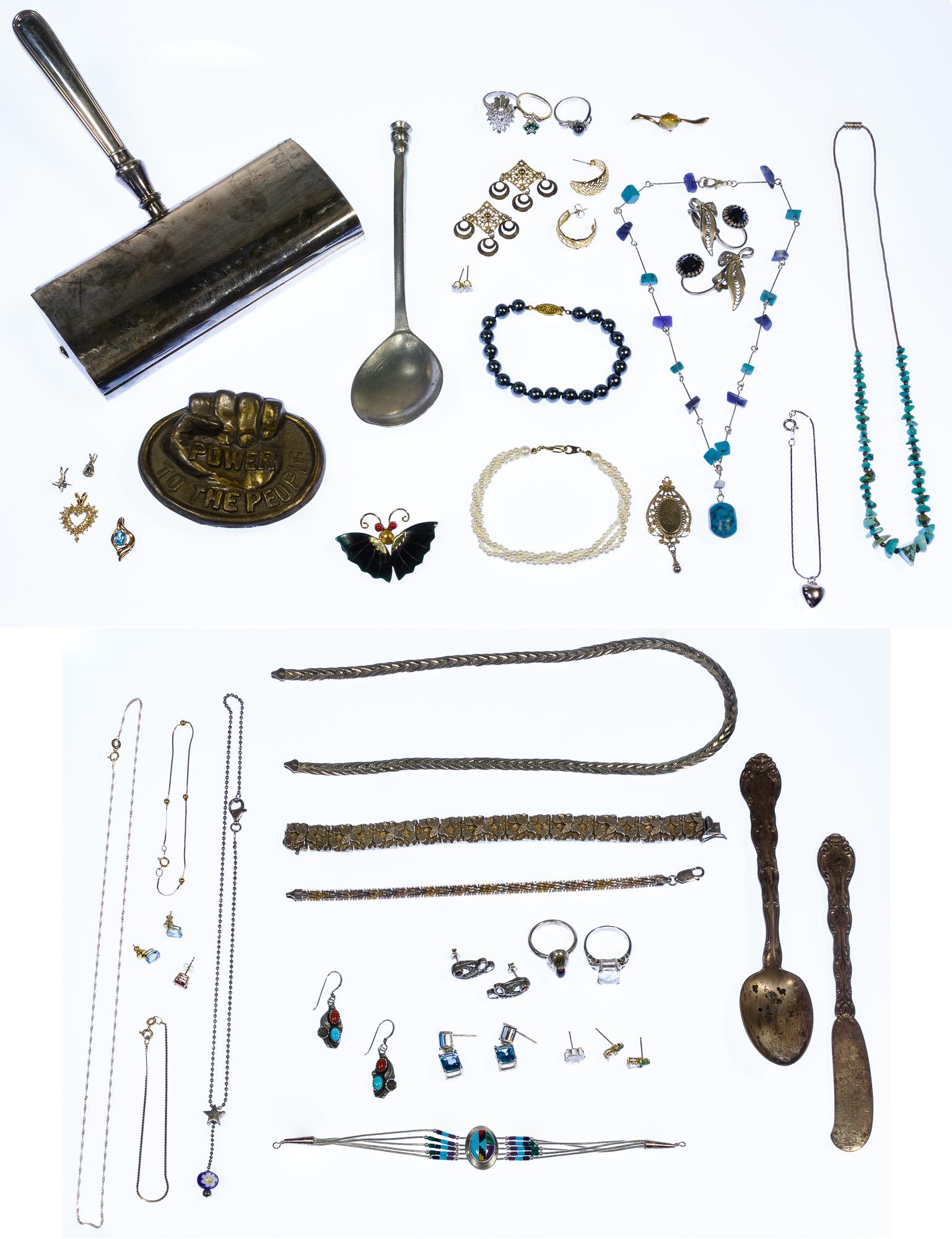 14k Gold, Sterling Silver and Costume Jewelry: 14k Gold, Sterling Silver and Costume Jewelry Assortment Including 14k gold chain necklace, two chain bracelets and three earrings set with gemstones; and sterling silver butter knife, spoon, three br