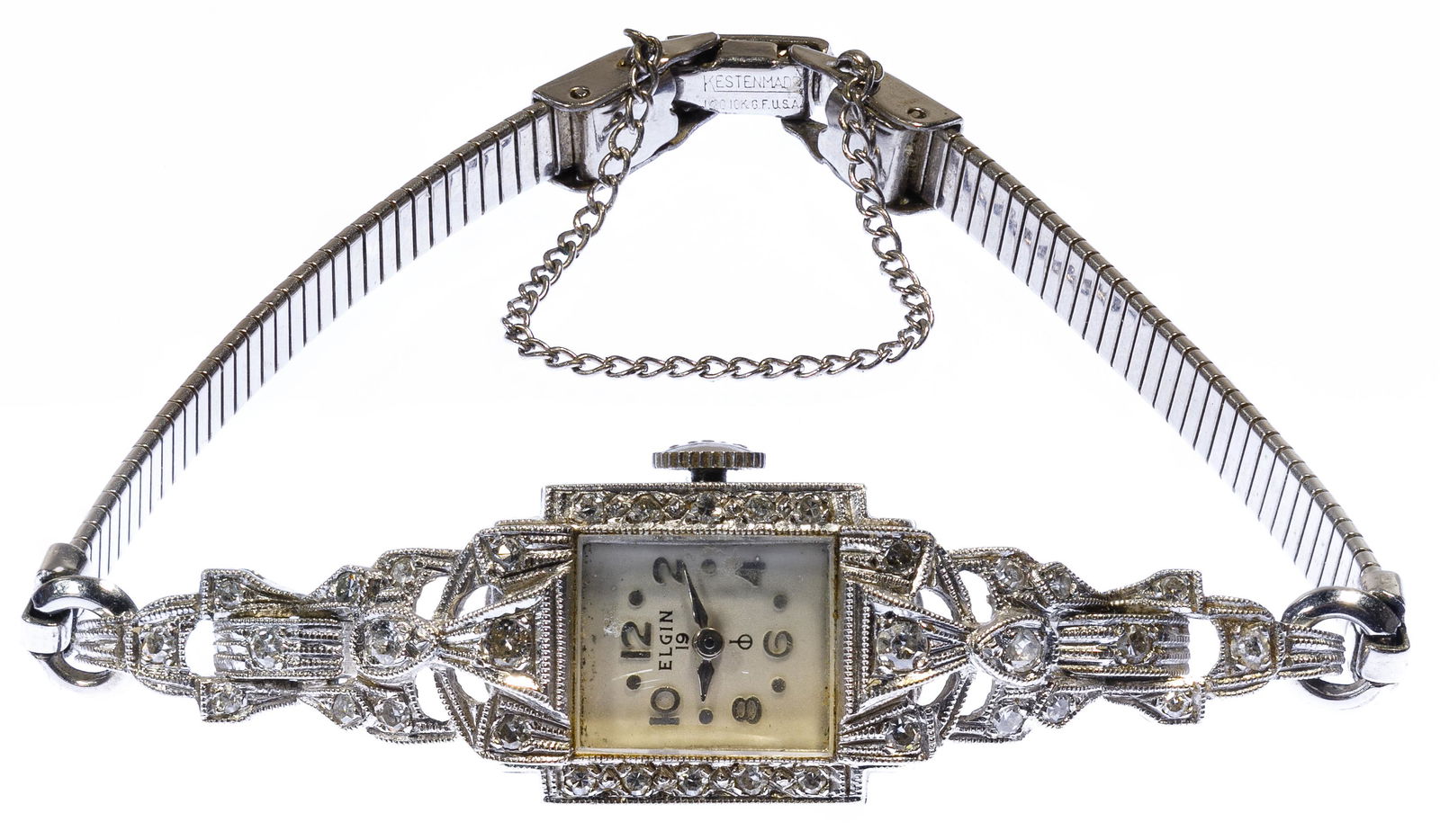 Elgin 14k White Gold and Diamond Case Wrist Watch: Elgin 14k White Gold and Diamond Case Wrist Watch Ladies wrist watch having diamond chips set within an art deco style case on a mesh style matching metal band; back of case marked '14k'; band not gol