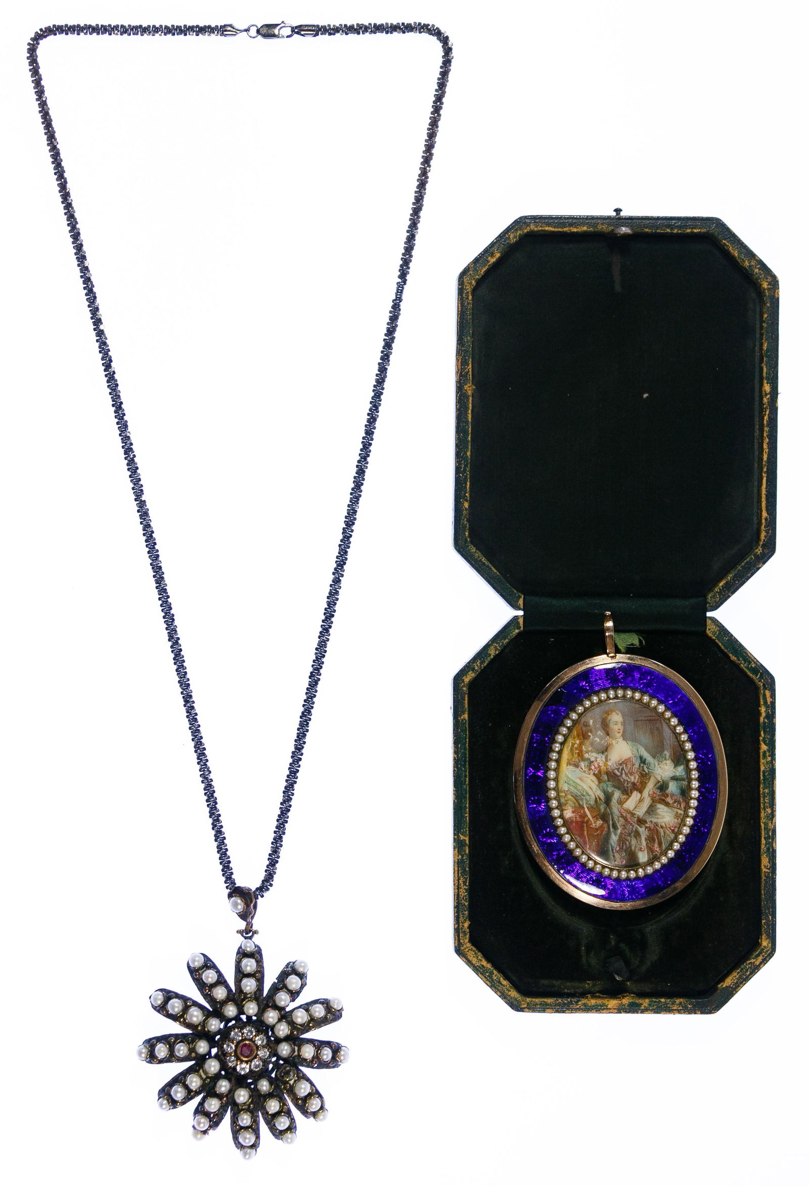 Miniature of Madame de Pompadour and Brass-Tone Pendant: Miniature of Madame de Pompadour and Brass-Tone Pendant Two items including miniature portrait of Madame de Pompadour (after) Francois Boucher (French, 1703-1770) in a gold-plated pendant with blue en