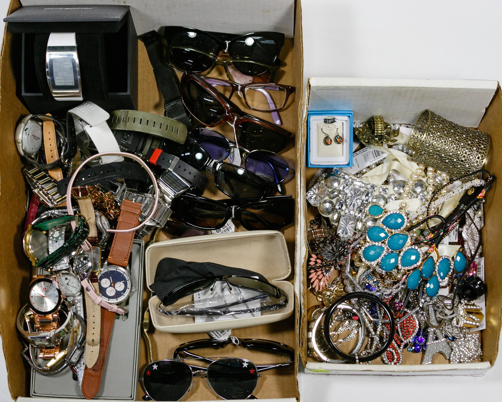 Rhinestone, Wrist Watch and Sunglasses Assortment: Rhinestone, Wrist Watch and Sunglasses Assortment Over three pounds of costume jewelry including necklaces, bracelets, rings, brooches, pins and earrings having rhinestones; over thirty watches includ