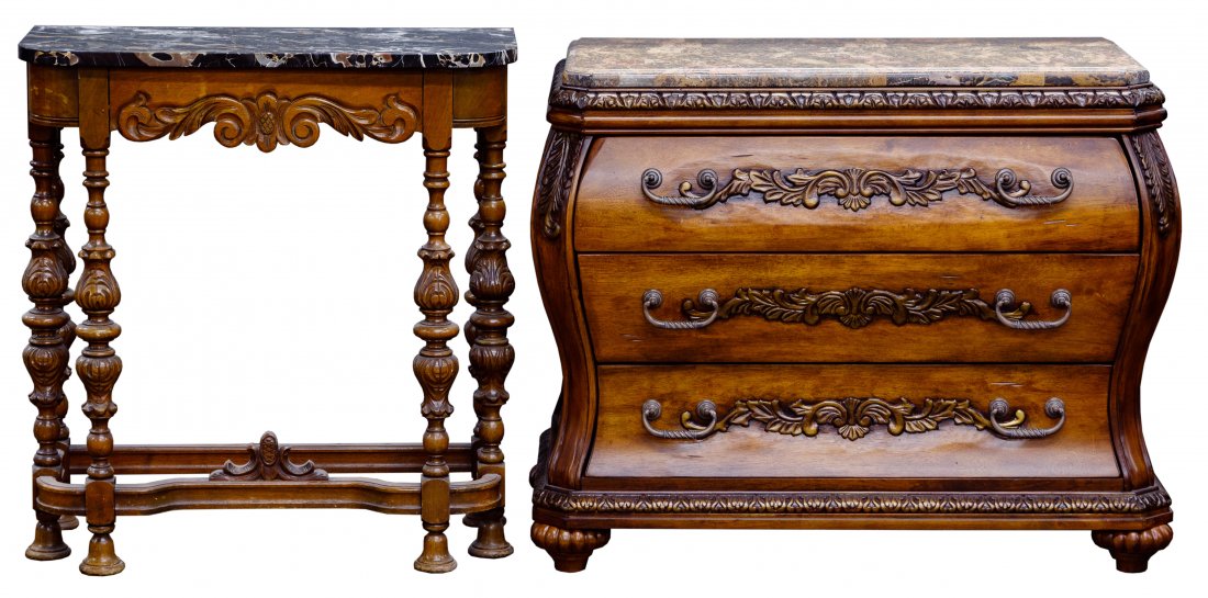 Carved Wood and Marble Top Bachelor Chest and Console: Carved Wood and Marble Top Bachelor Chest and Console Table Two items including a bombe-style chest having a marble veneer top over three full width drawers and a console table having a black marble t