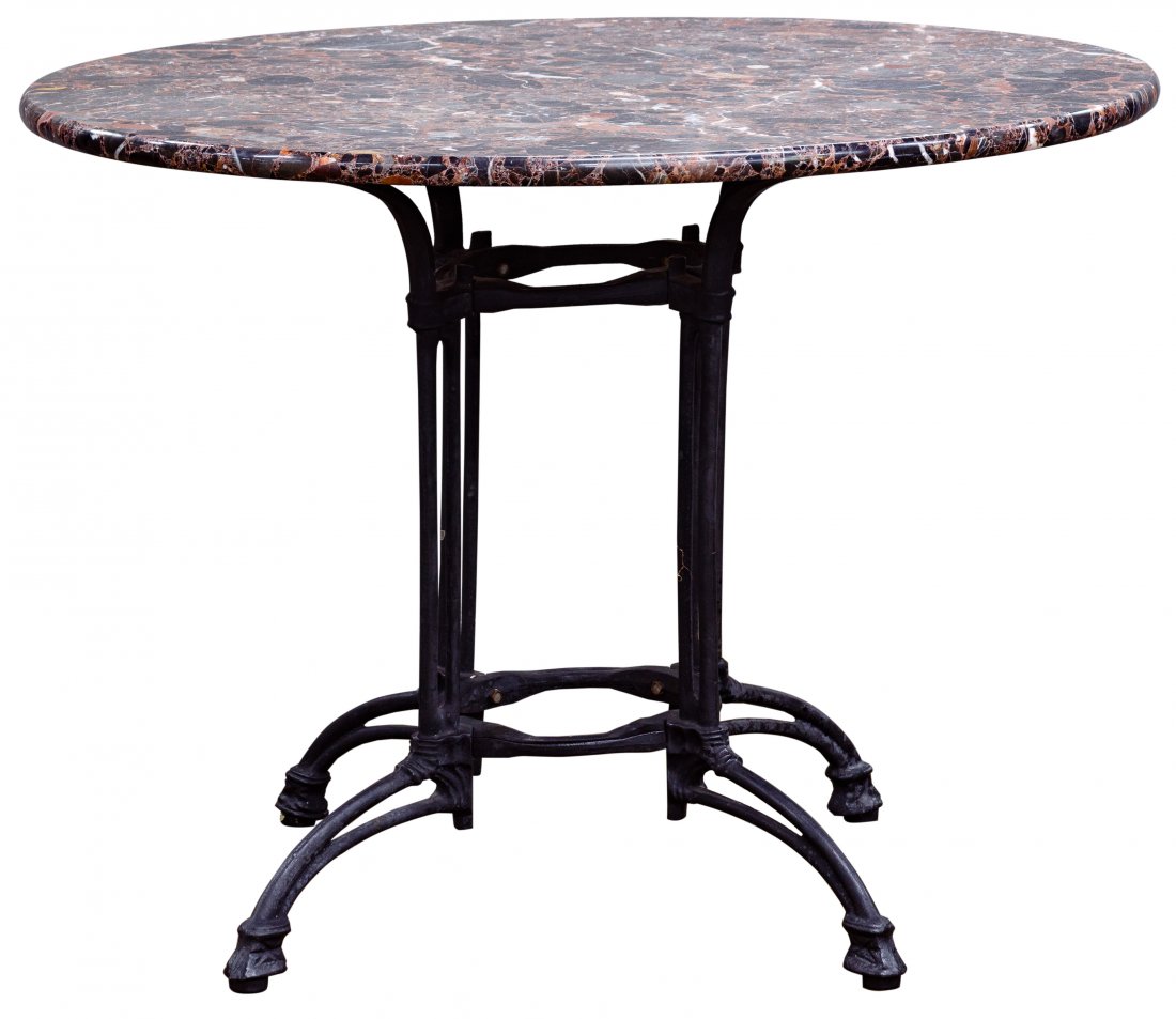 Marble Top and Cast Iron Table: Marble Top and Cast Iron Table Having a round multi-color marble top on a painted cast iron base Condition: Very Good, overall light wear Height: 29 inches, Diameter: 40 inches Category: Furniture > C