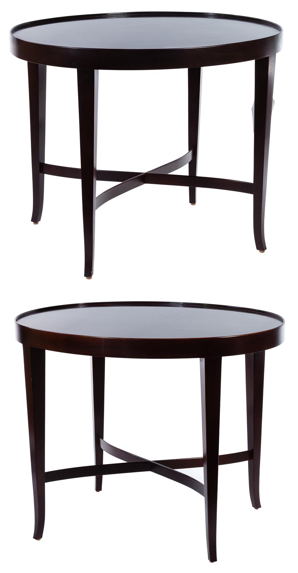 Barbara Barry for Baker Mahogany Occasional Tables: Barbara Barry for Baker Mahogany Occasional Tables Pair of oval side tables having an 'X' stretcher base Condition: Very Good, overall light wear consistent with age and normal use Height: 23 1/8 inch