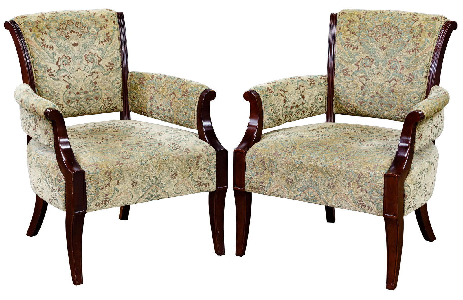 Barbara Barry for Baker Upholstered Armchairs: Barbara Barry for Baker Upholstered Armchairs Having scroll arms on saber legs, mahogany with a tapestry fabric, open arm and back; maker tags on bottom Condition: Good, overall light wear consistent