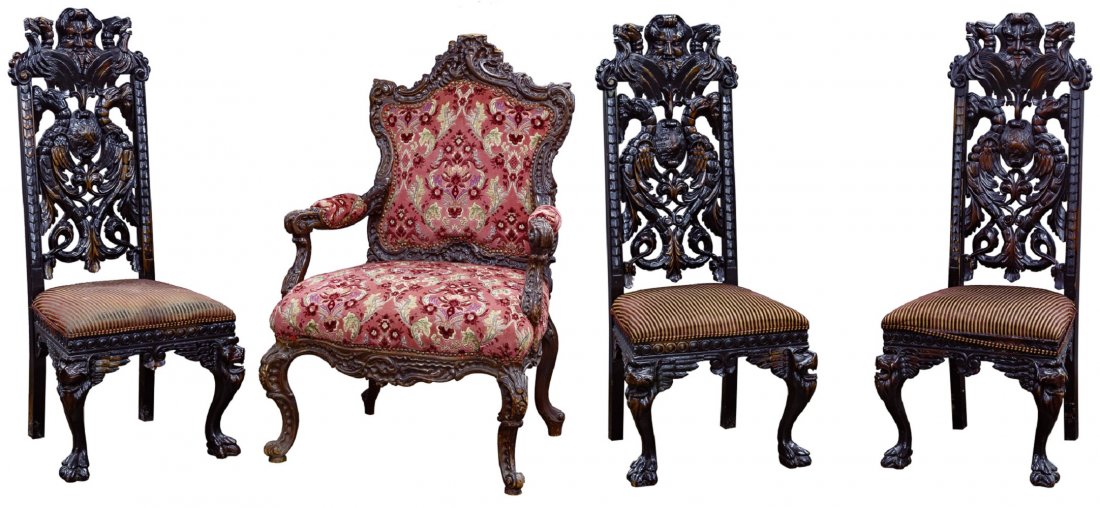 Baroque Style Upholstered Chair Assortment: Baroque Style Upholstered Chair Assortment Four items including three matching high back chairs having carved wood backs and frames depicting lions, dragons and a male face; and an arm chair having a 