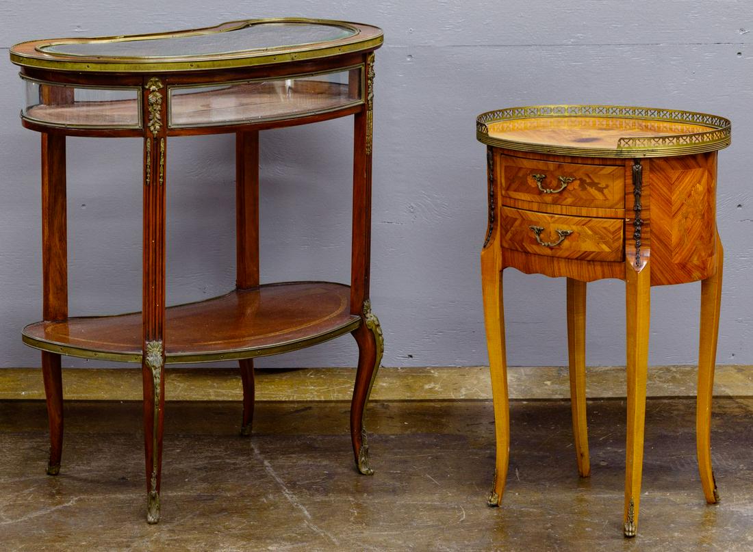 Display Table and Cabinet: Display Table and Cabinet Two French style items including a two tiered wood laminate display table having a hinged top compartment set with beveled and curved glass, ormulu trim and brass hardware; a